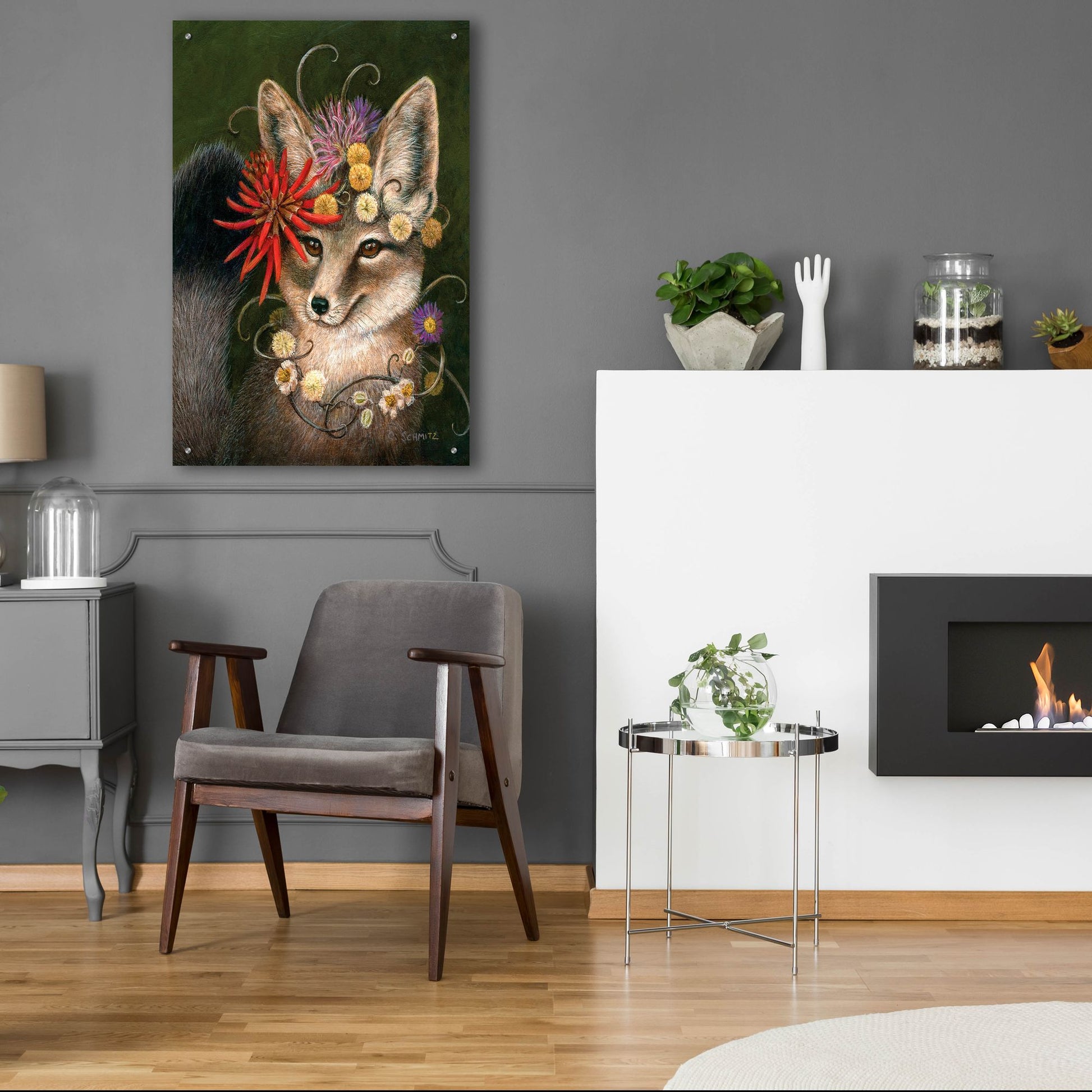 Epic Art ' Kit Fox in Coral' by Carolyn Schmitz, Acrylic Glass Wall Art,24x36