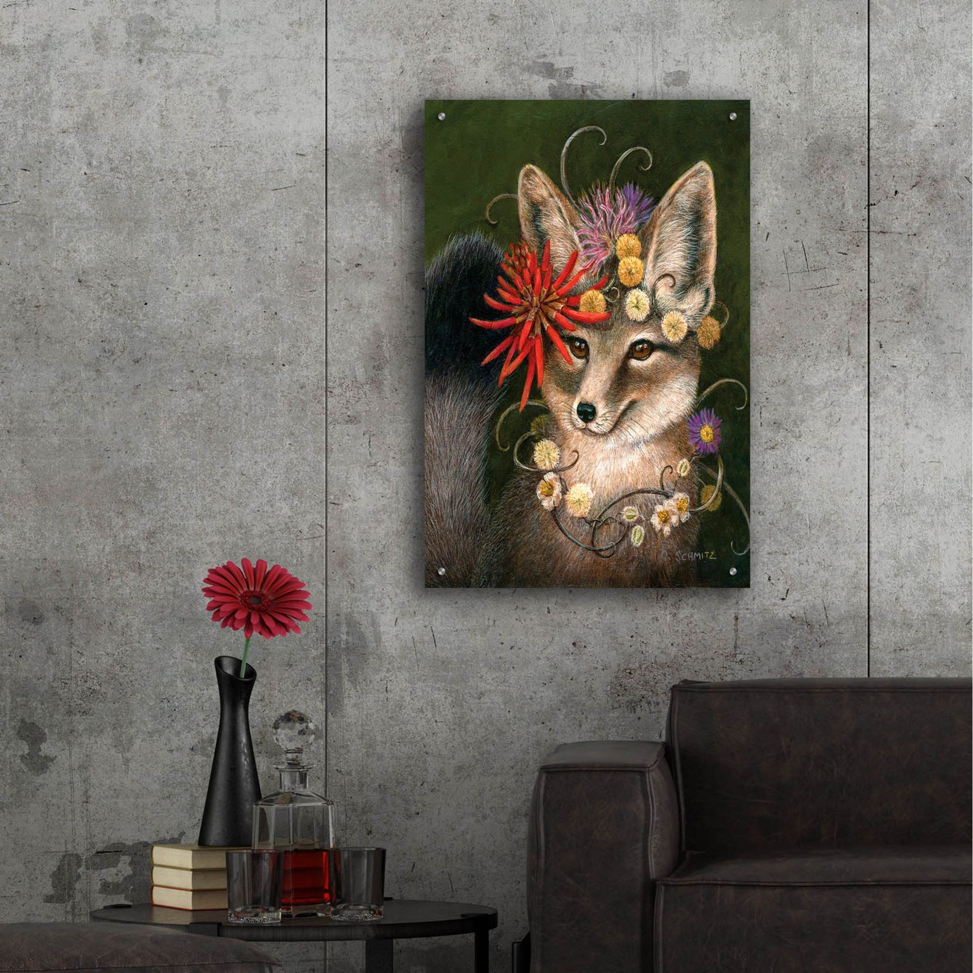 Epic Art ' Kit Fox in Coral' by Carolyn Schmitz, Acrylic Glass Wall Art,24x36