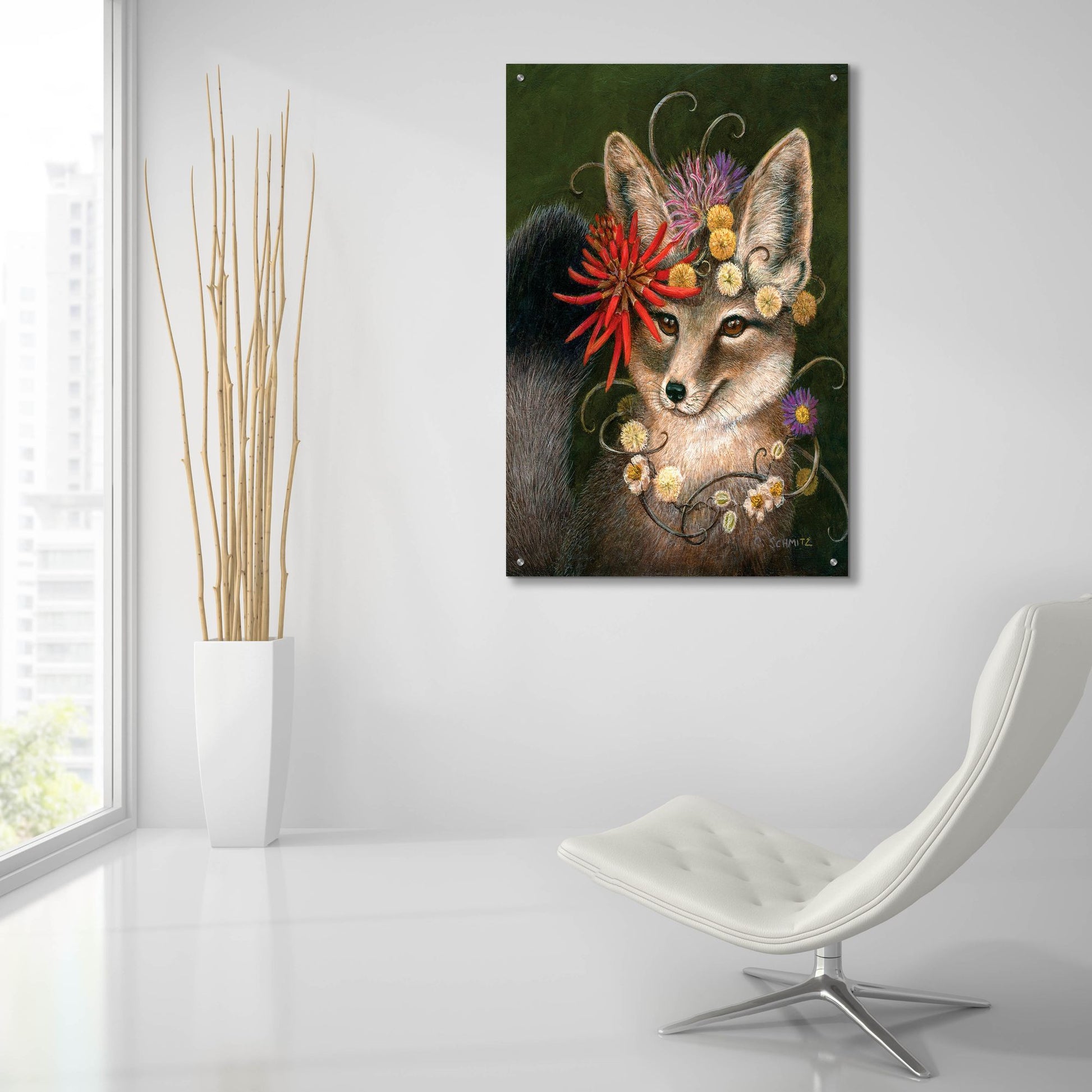 Epic Art ' Kit Fox in Coral' by Carolyn Schmitz, Acrylic Glass Wall Art,24x36