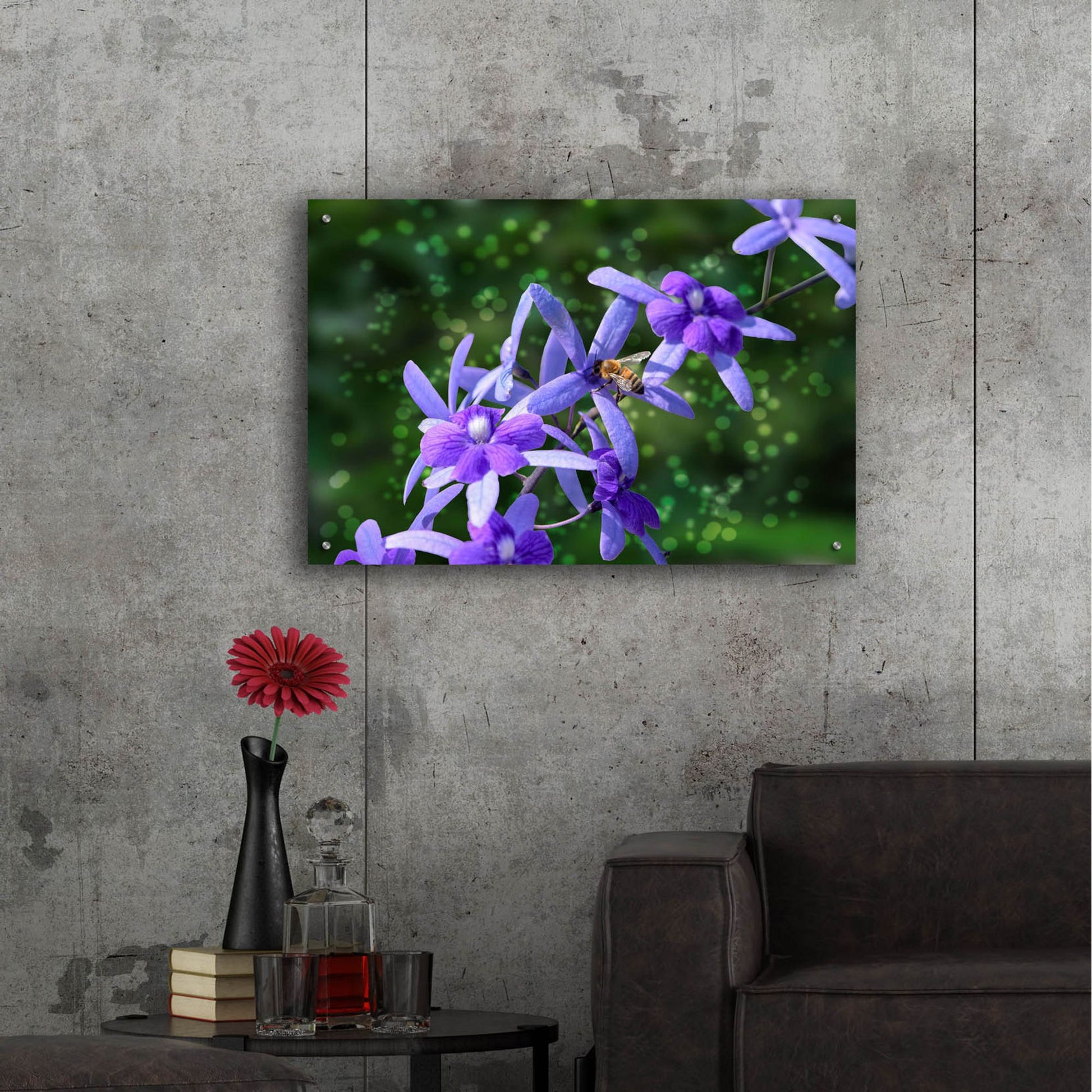 Epic Art ' Bee and Purple Flowers' by Don Spears, Acrylic Glass Wall Art,36x24