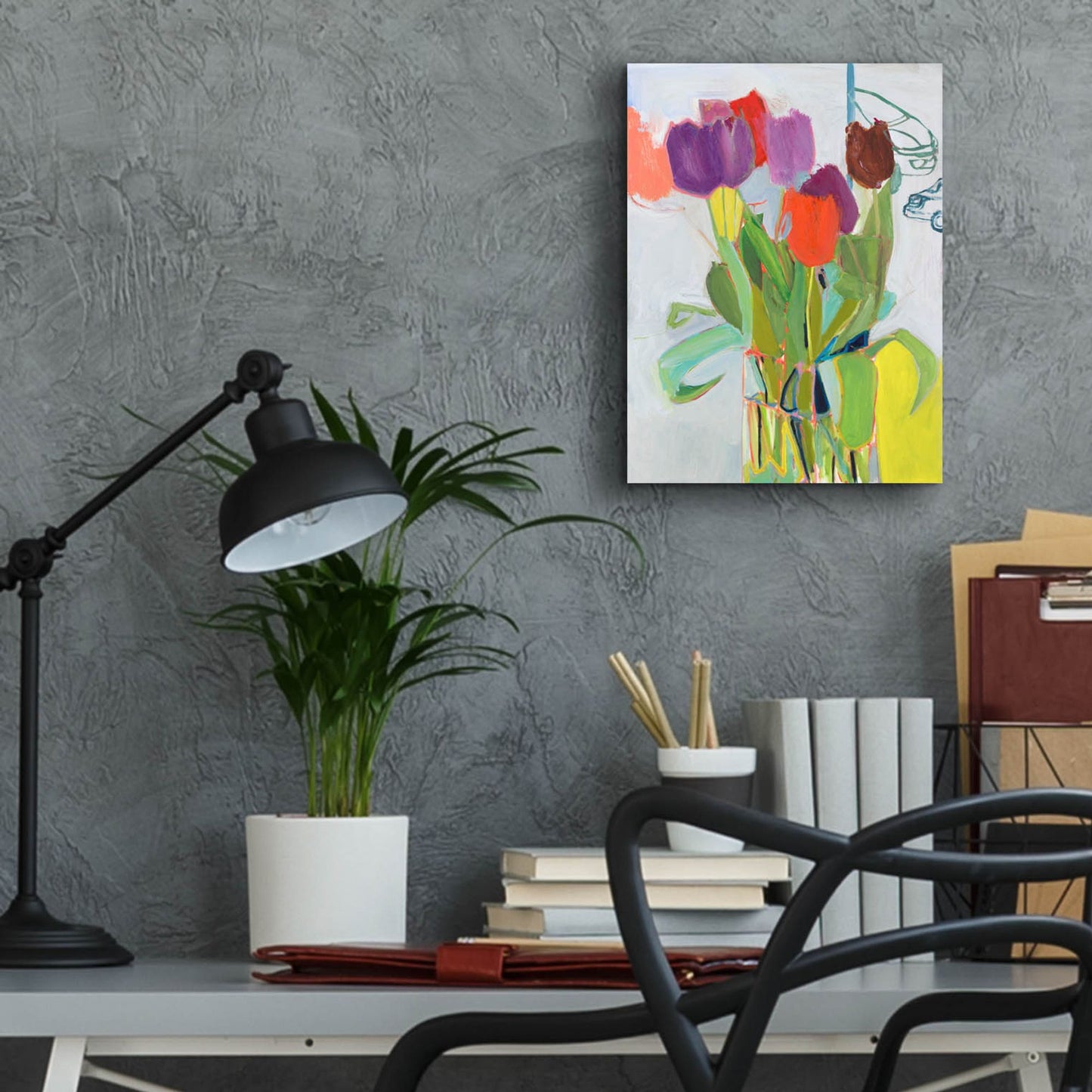 Epic Art ' Tulips and Two Cars' by Jessica Singerman, Acrylic Glass Wall Art,12x16