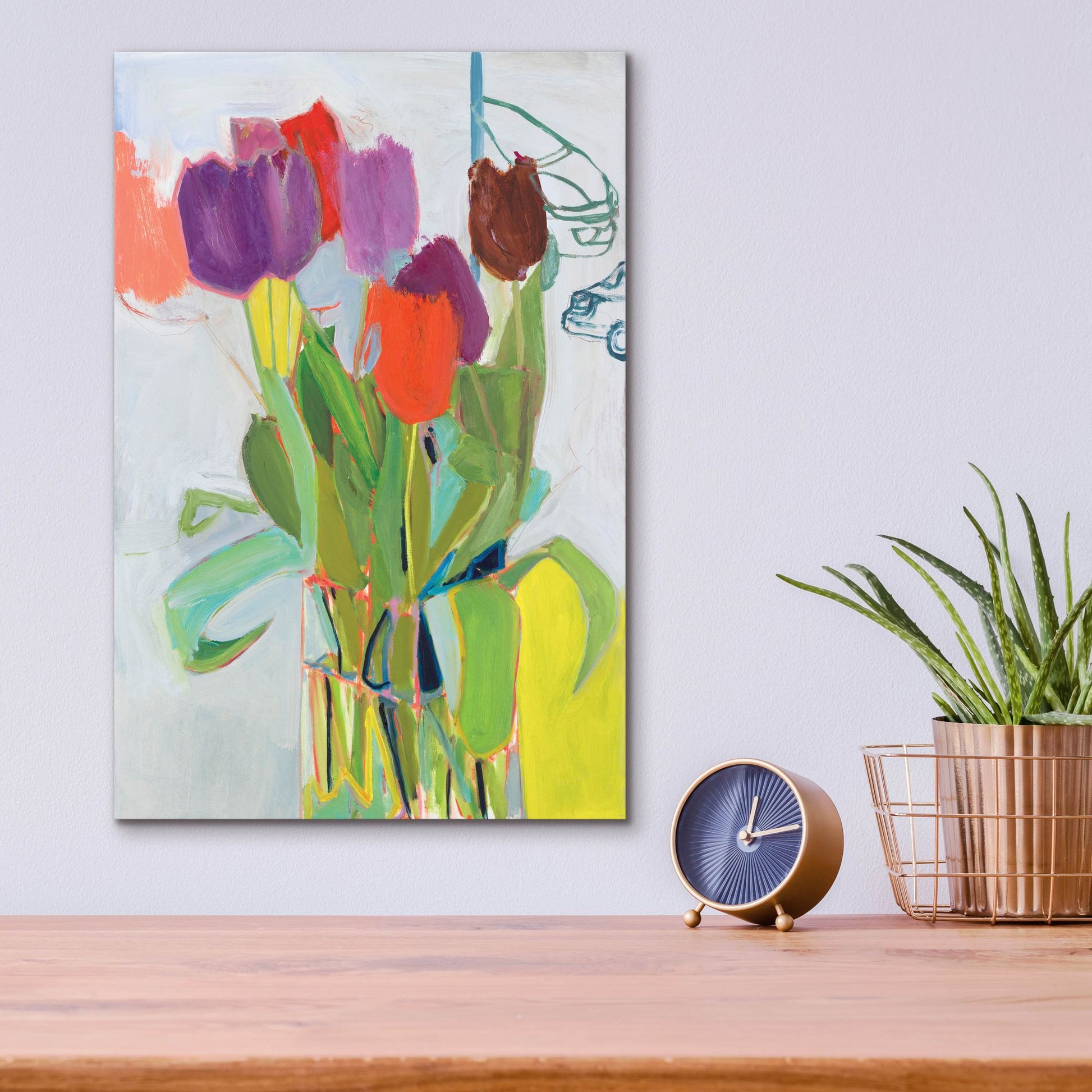 Epic Art ' Tulips and Two Cars' by Jessica Singerman, Acrylic Glass Wall Art,12x16