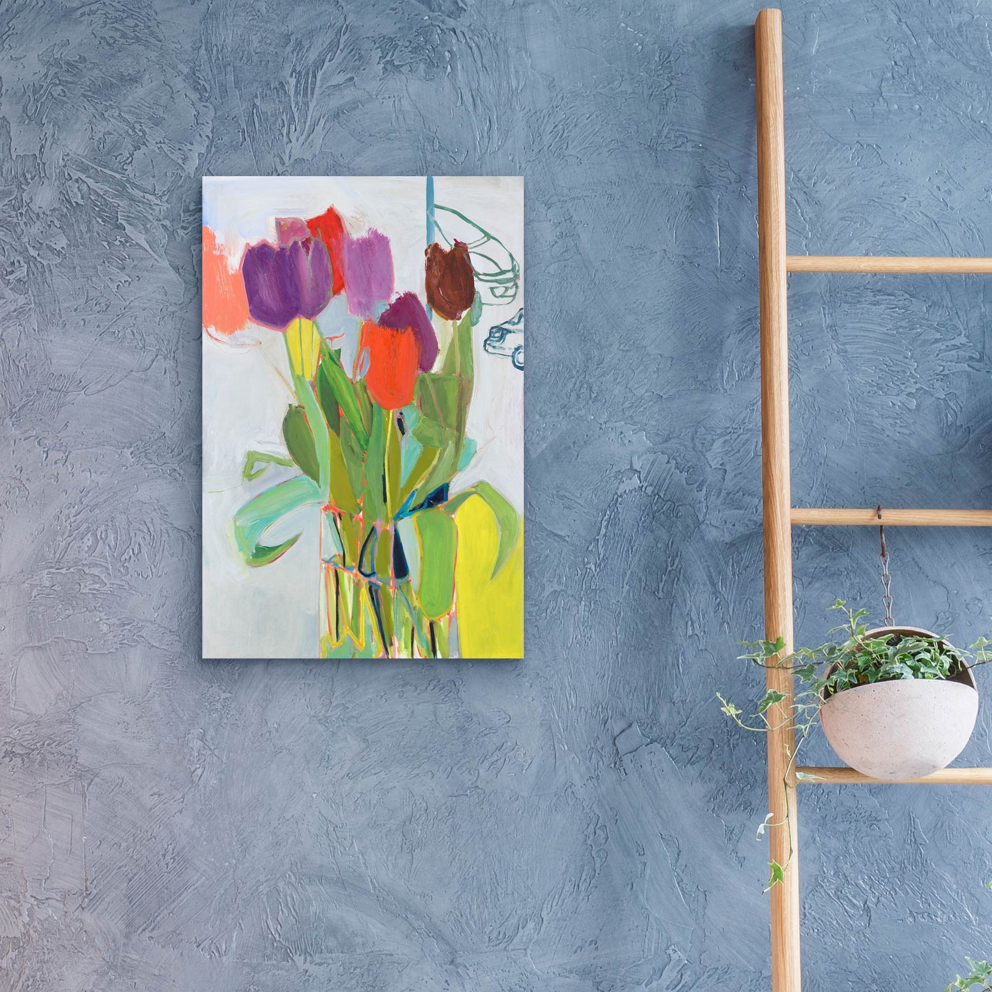 Epic Art ' Tulips and Two Cars' by Jessica Singerman, Acrylic Glass Wall Art,16x24