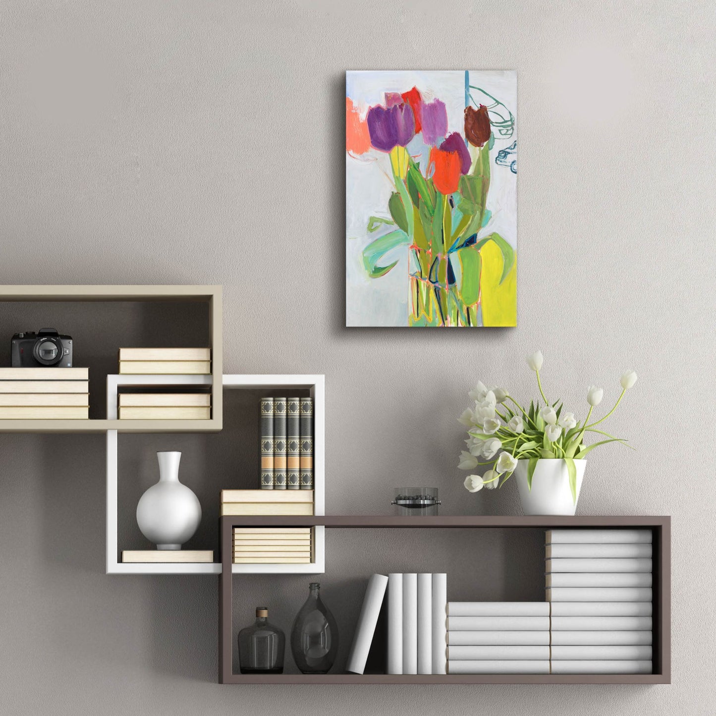 Epic Art ' Tulips and Two Cars' by Jessica Singerman, Acrylic Glass Wall Art,16x24