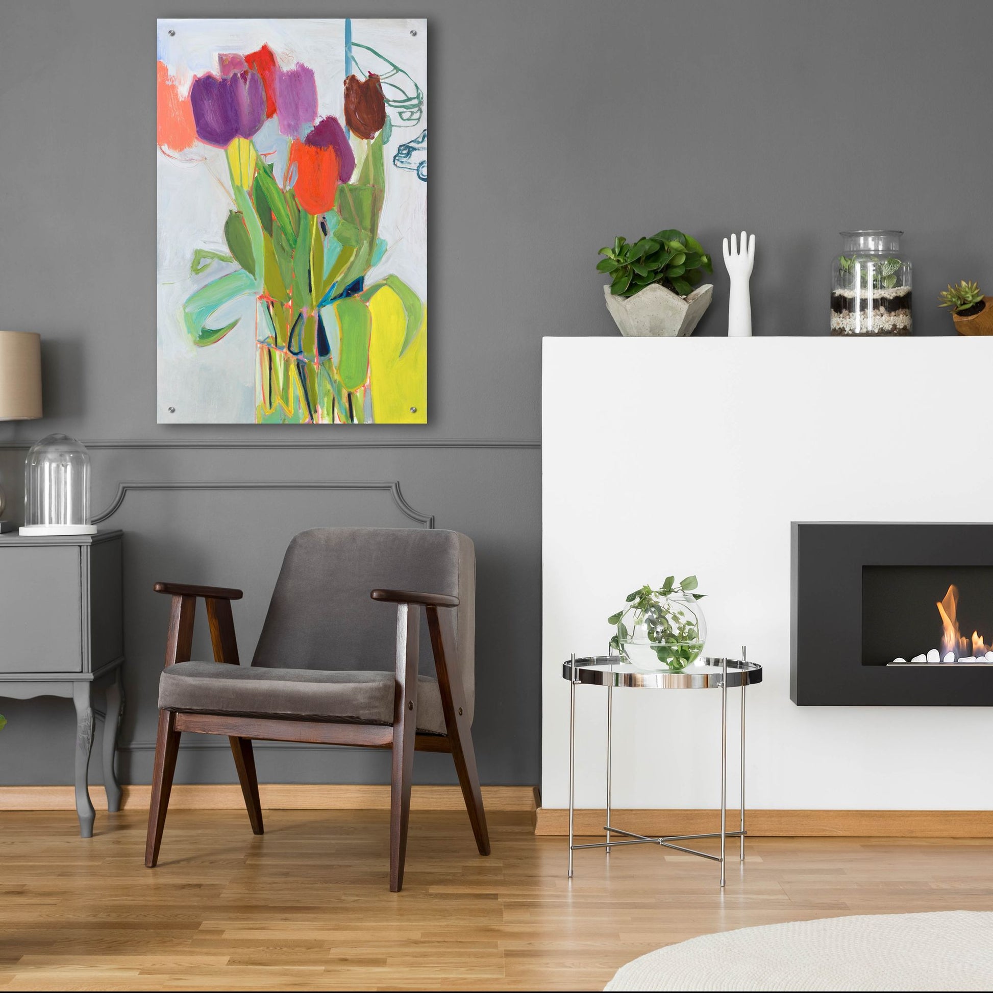 Epic Art ' Tulips and Two Cars' by Jessica Singerman, Acrylic Glass Wall Art,24x36