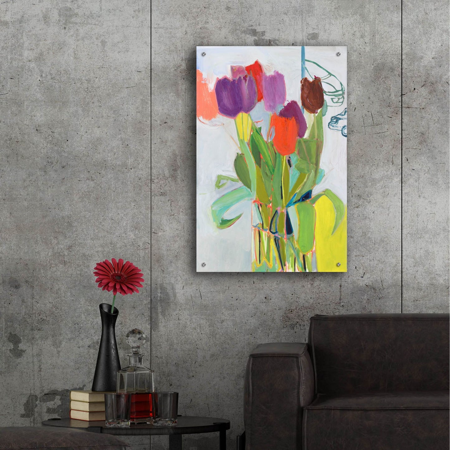 Epic Art ' Tulips and Two Cars' by Jessica Singerman, Acrylic Glass Wall Art,24x36