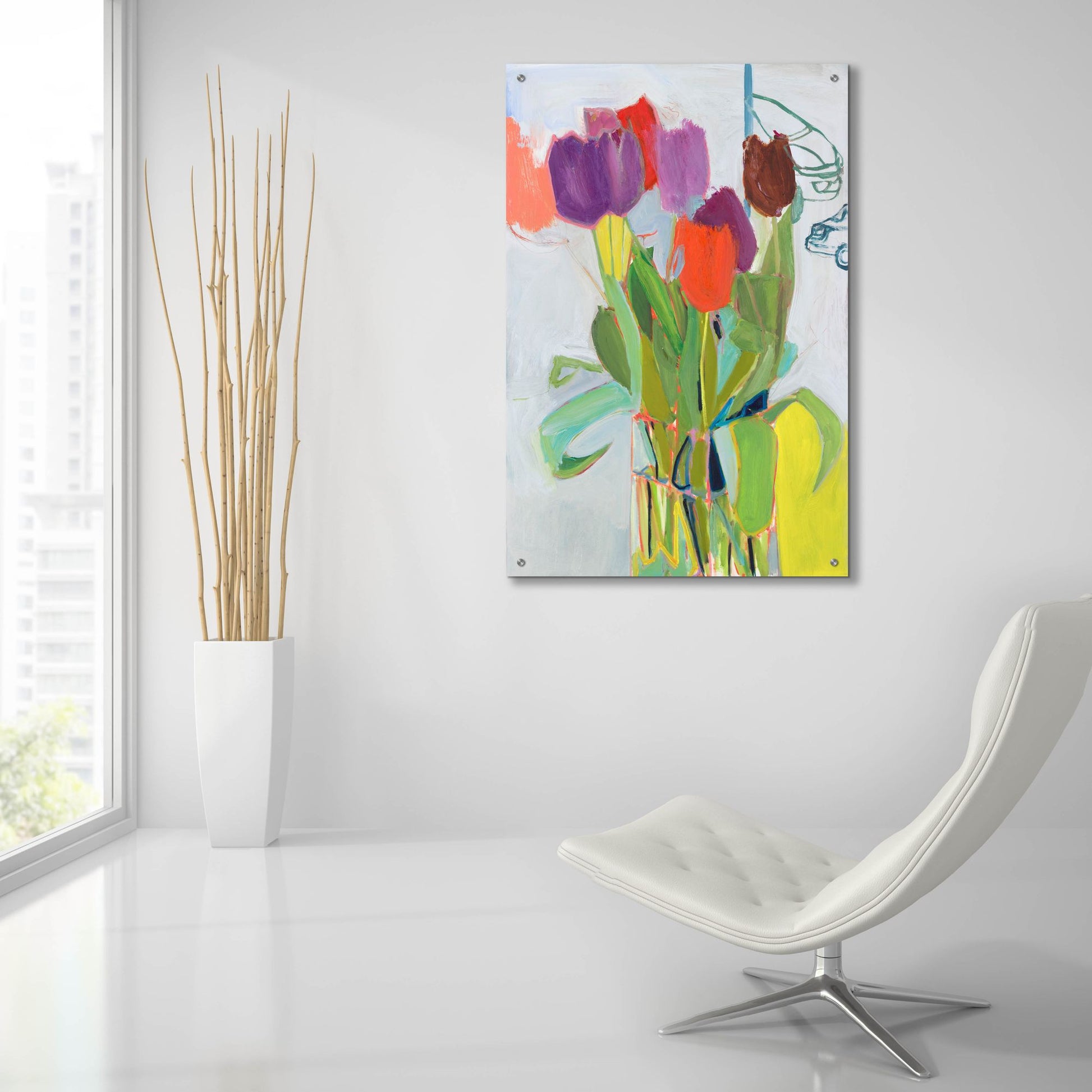 Epic Art ' Tulips and Two Cars' by Jessica Singerman, Acrylic Glass Wall Art,24x36