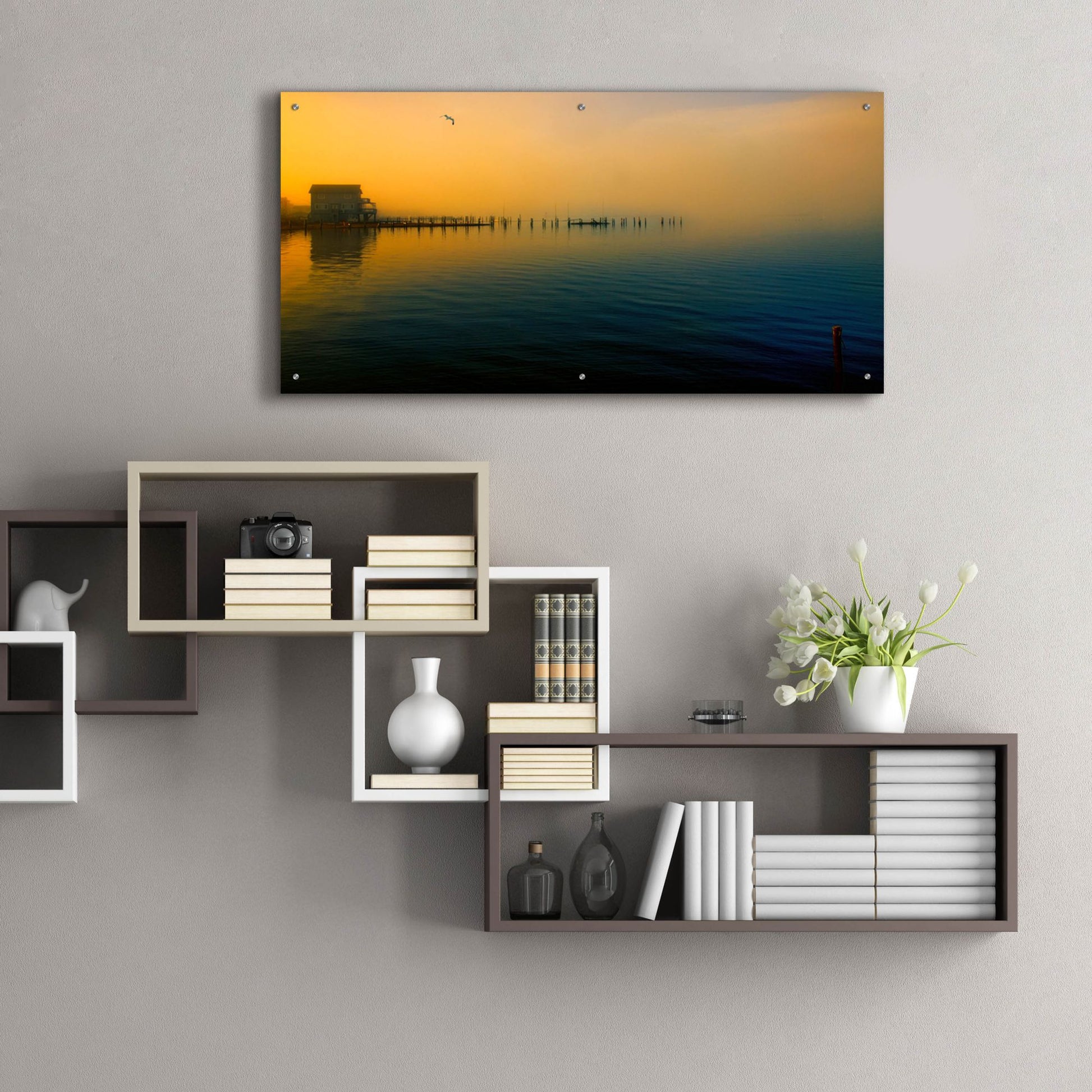 Epic Art ' Morning Comes on the Bay' by John Rivera, Acrylic Glass Wall Art,48x24