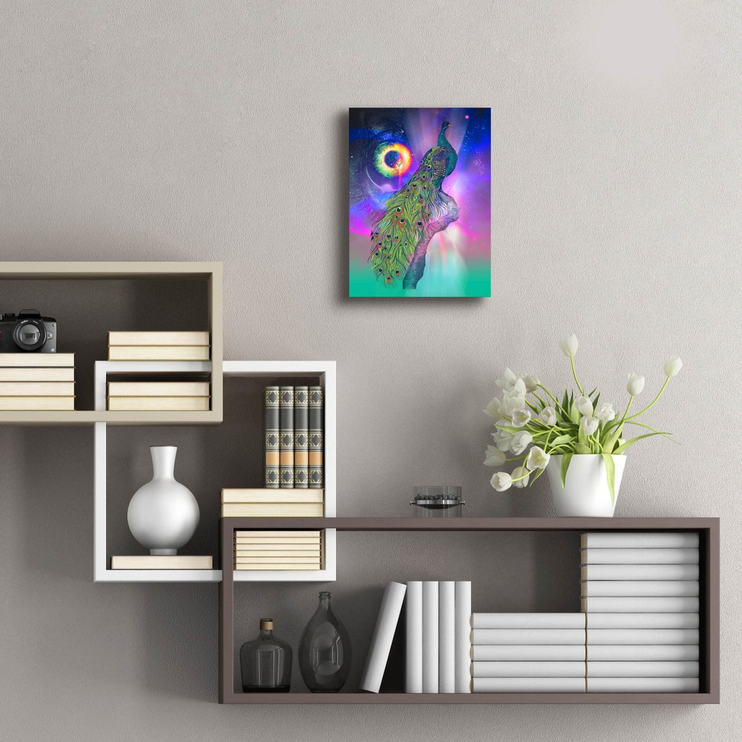 Epic Art ' Cosmic Peacock' by Karin Roberts, Acrylic Glass Wall Art,12x16