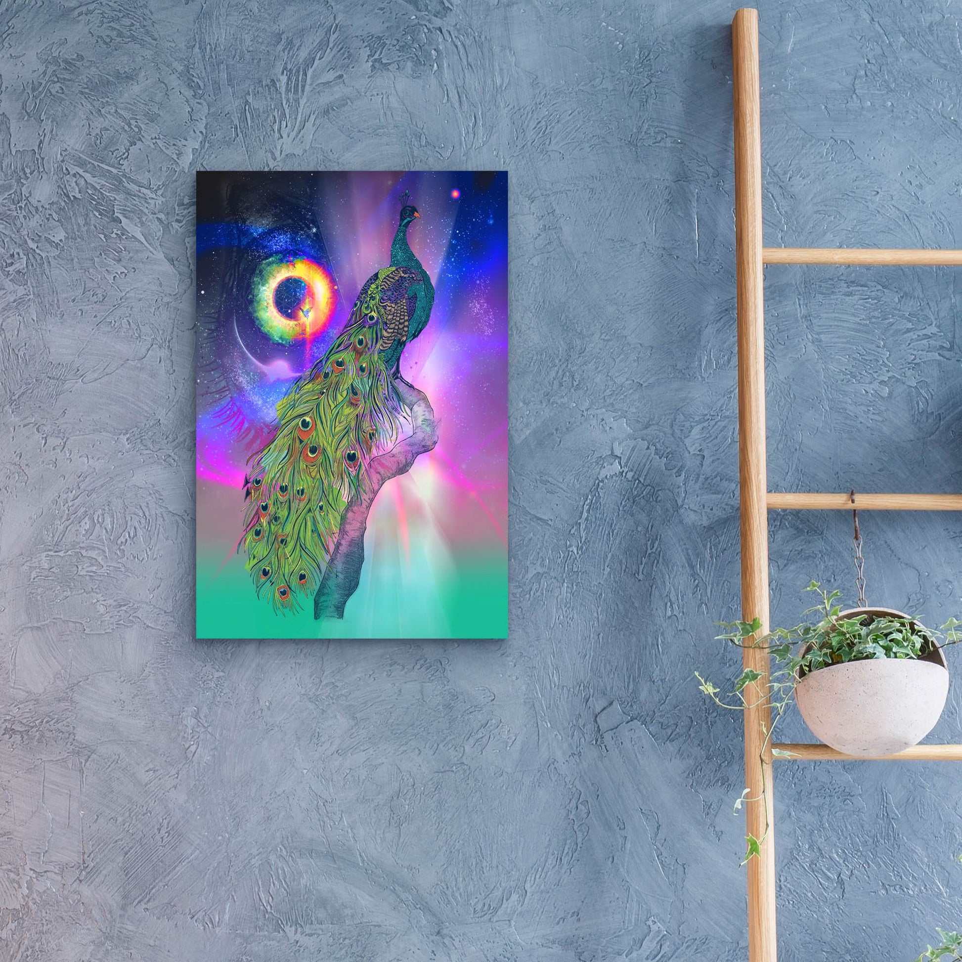 Epic Art ' Cosmic Peacock' by Karin Roberts, Acrylic Glass Wall Art,16x24