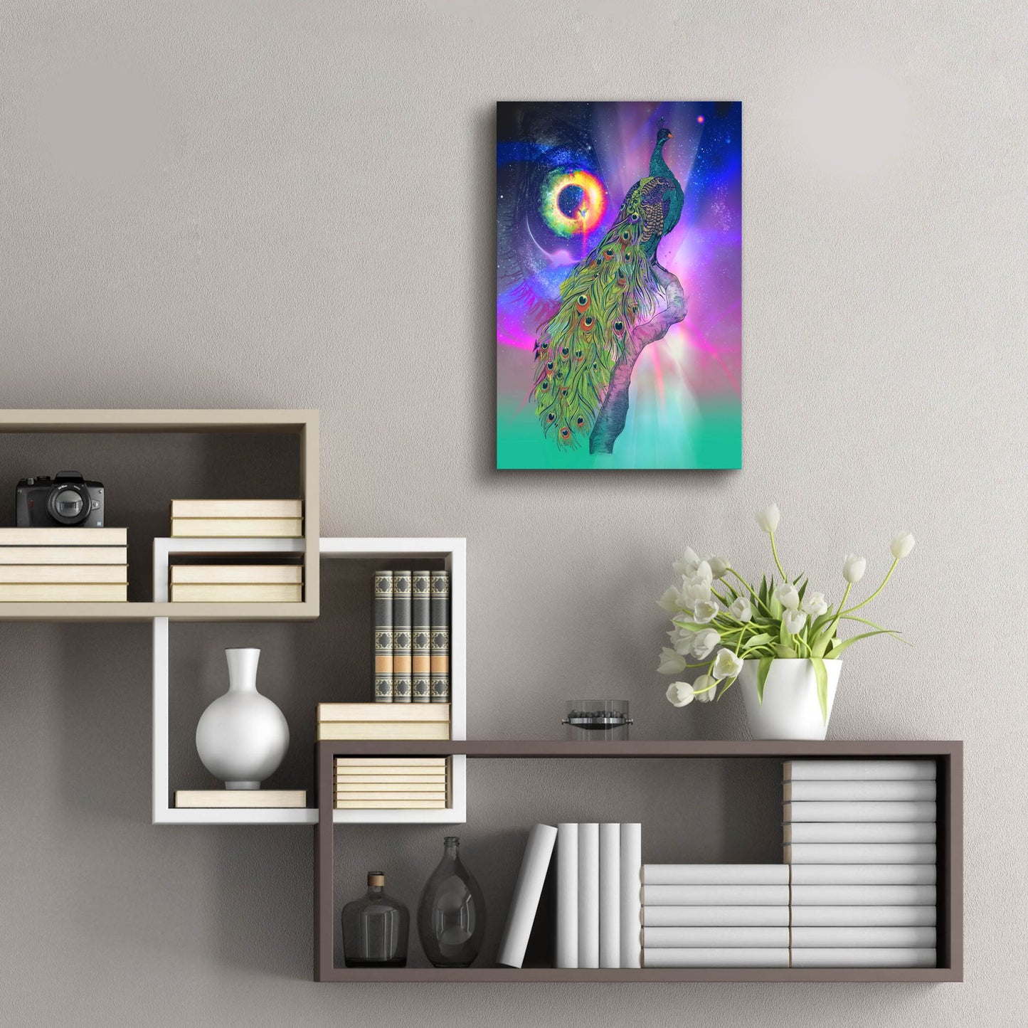 Epic Art ' Cosmic Peacock' by Karin Roberts, Acrylic Glass Wall Art,16x24
