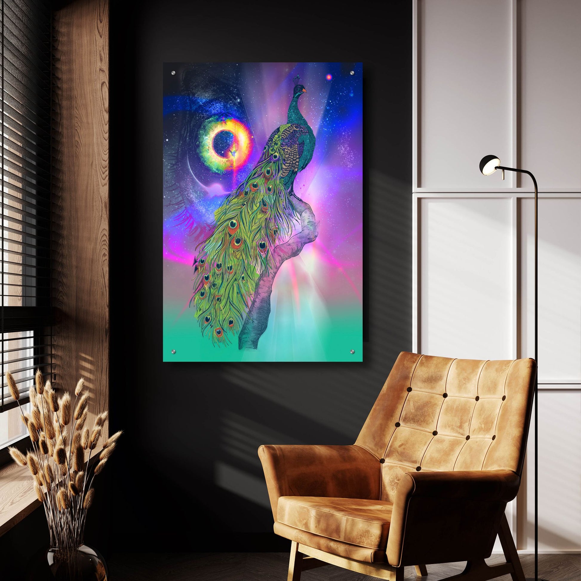 Epic Art ' Cosmic Peacock' by Karin Roberts, Acrylic Glass Wall Art,24x36