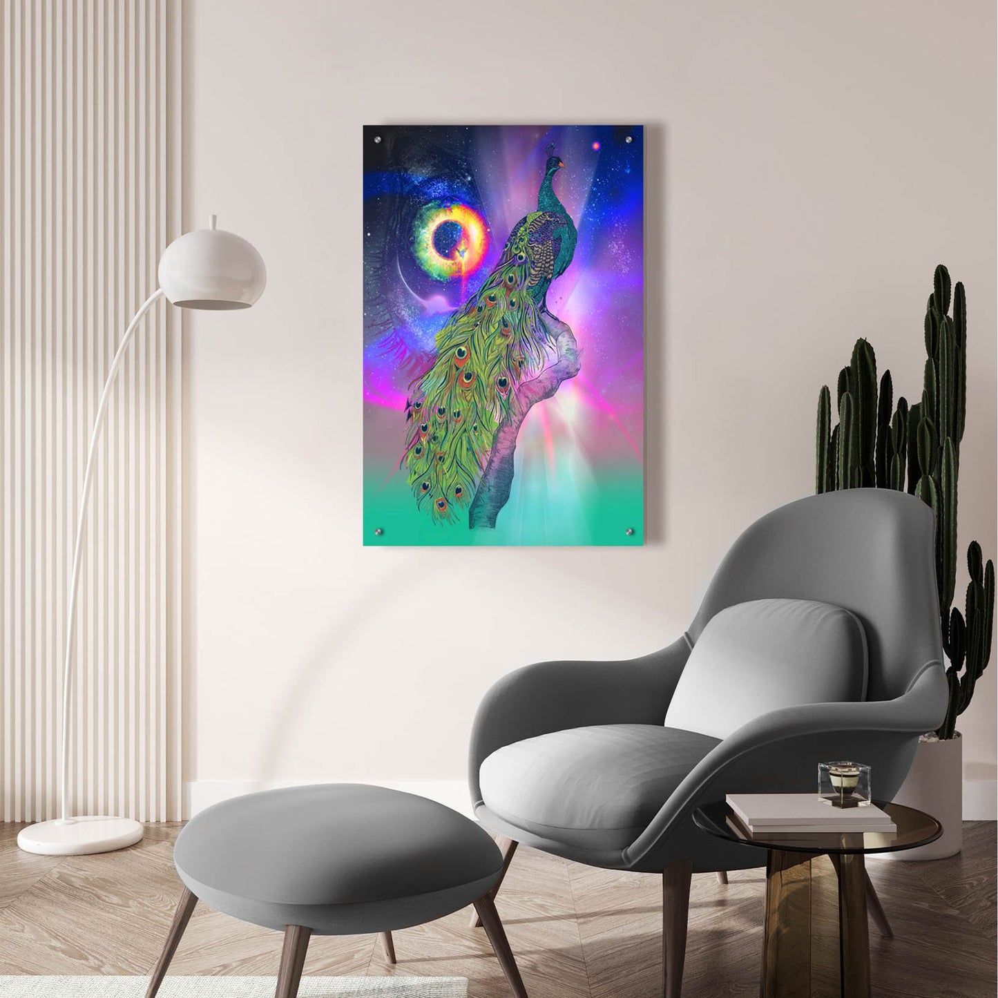 Epic Art ' Cosmic Peacock' by Karin Roberts, Acrylic Glass Wall Art,24x36