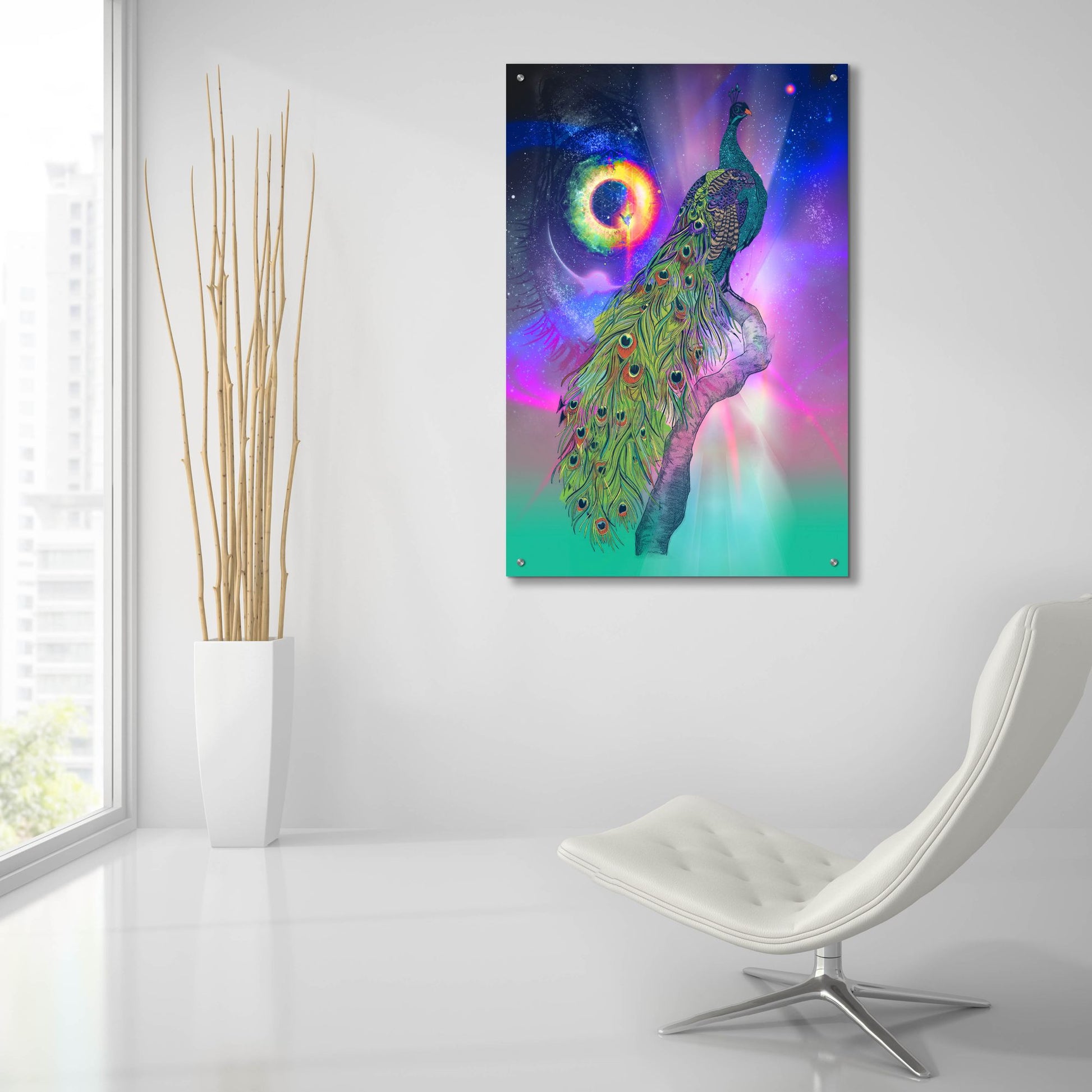 Epic Art ' Cosmic Peacock' by Karin Roberts, Acrylic Glass Wall Art,24x36