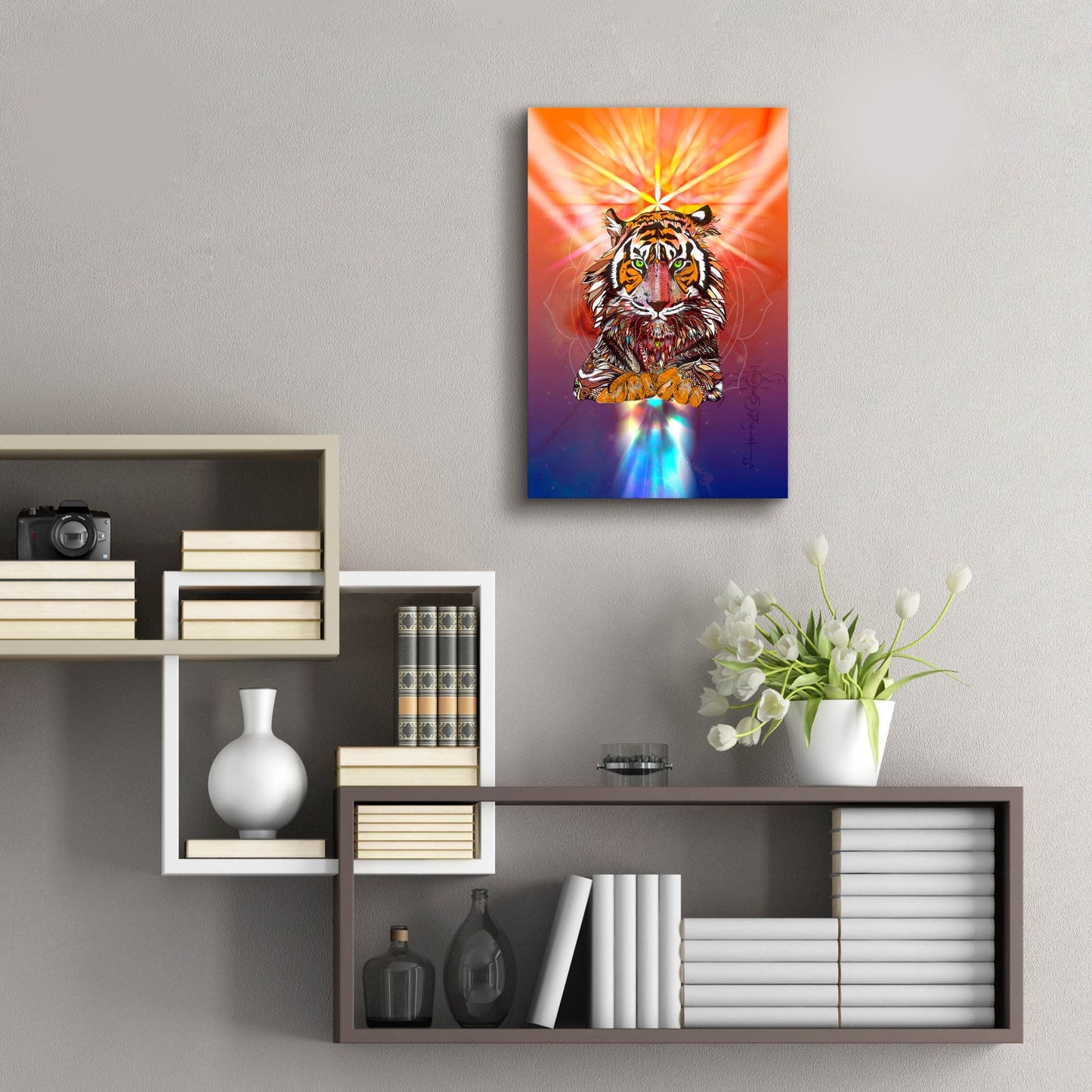 Epic Art ' Cosmic Tiger' by Karin Roberts, Acrylic Glass Wall Art,16x24