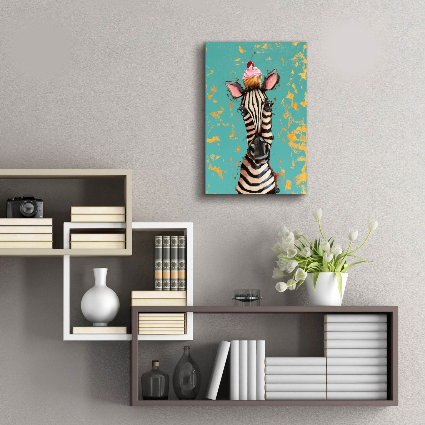 Epic Art ' Zebra With Cherry Cupcake' by Lucia Stewart, Acrylic Glass Wall Art,16x24