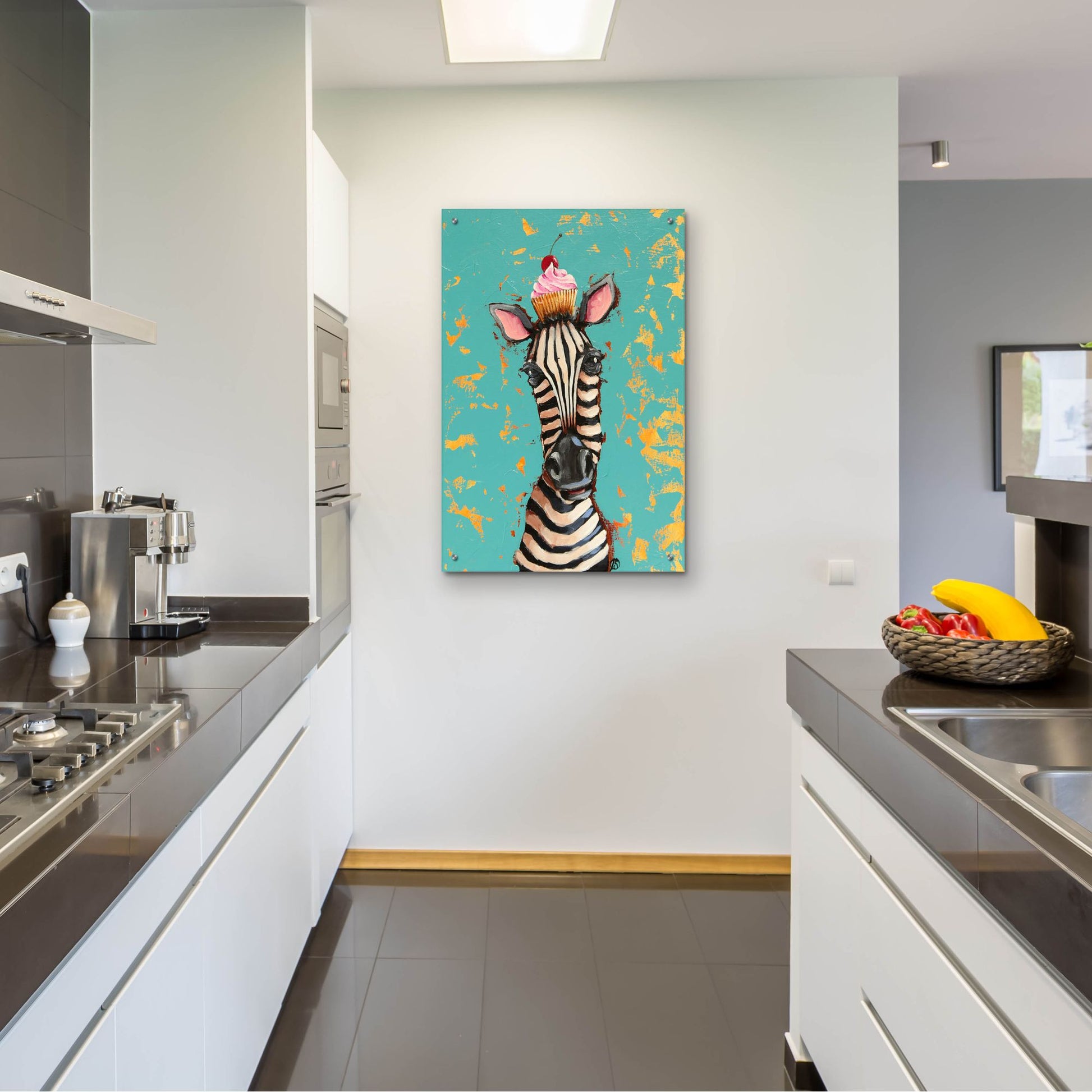 Epic Art ' Zebra With Cherry Cupcake' by Lucia Stewart, Acrylic Glass Wall Art,24x36