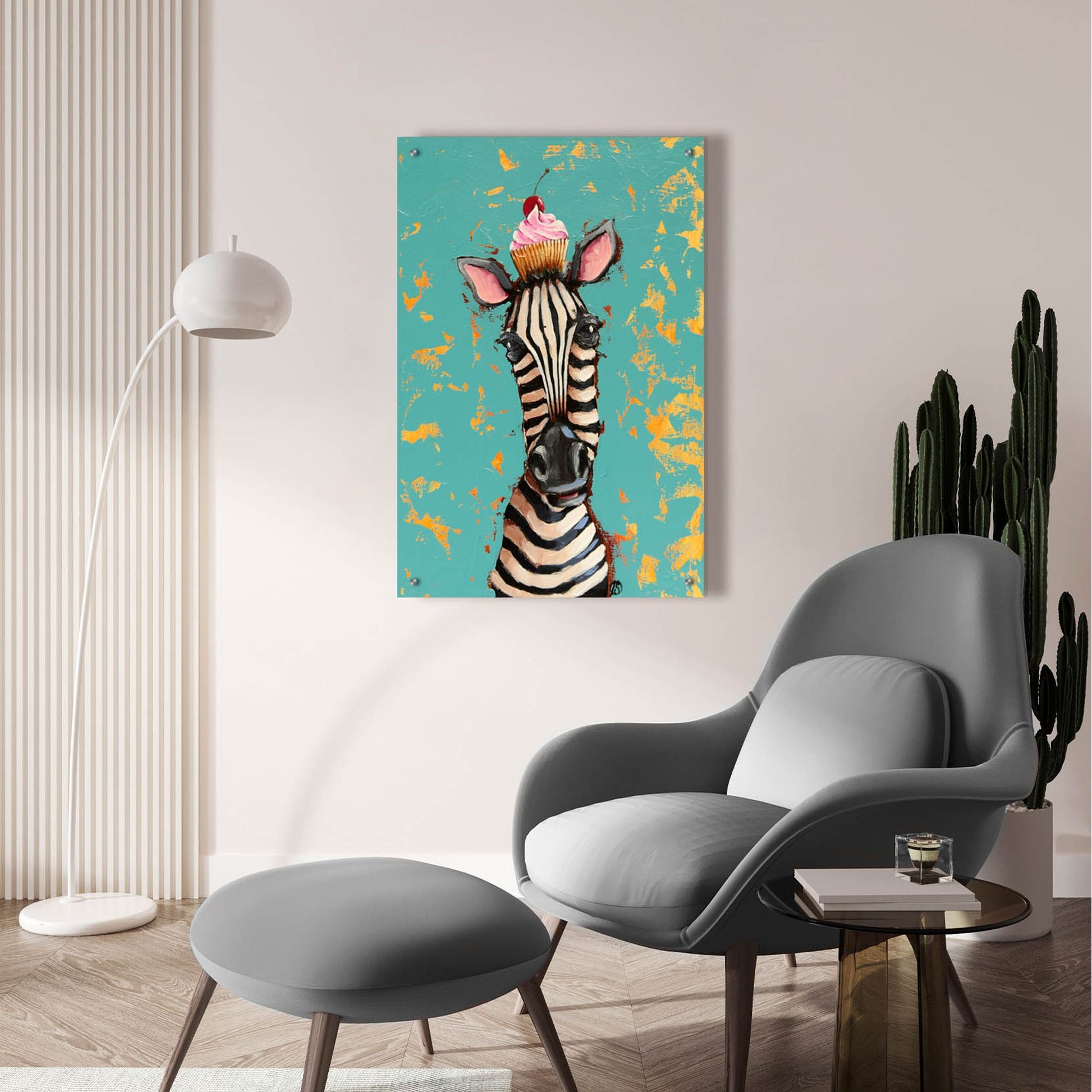 Epic Art ' Zebra With Cherry Cupcake' by Lucia Stewart, Acrylic Glass Wall Art,24x36