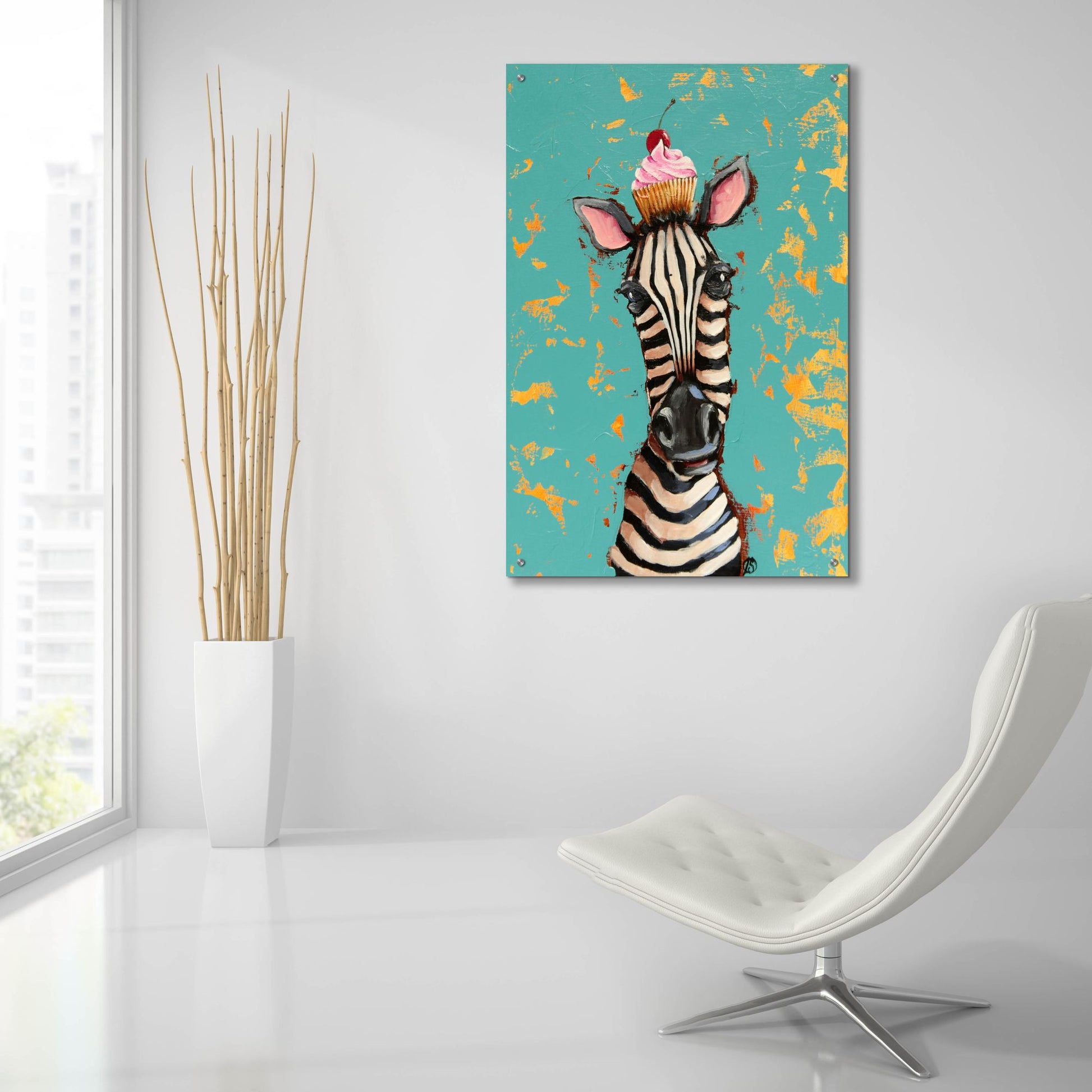 Epic Art ' Zebra With Cherry Cupcake' by Lucia Stewart, Acrylic Glass Wall Art,24x36