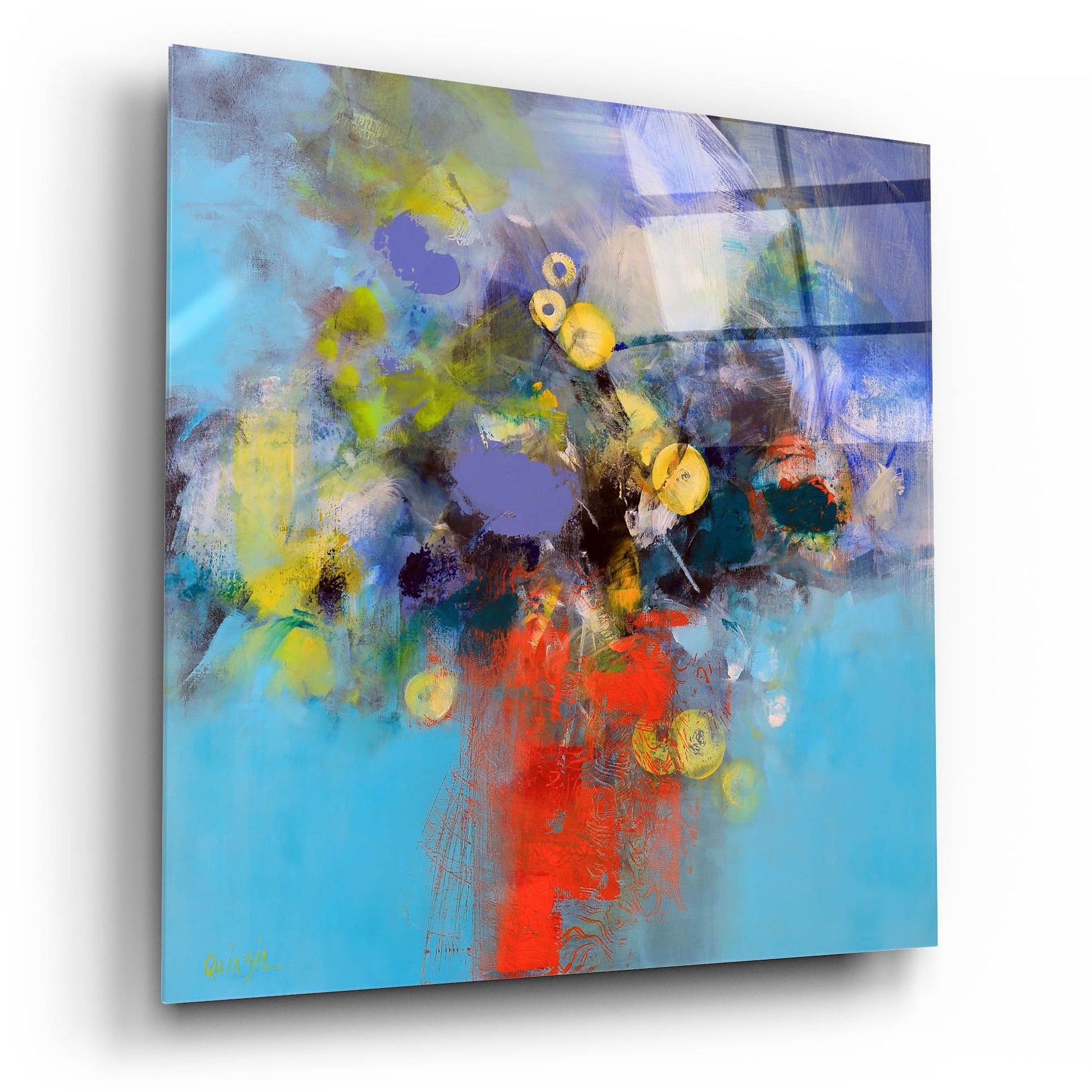 Epic Art ' Blue and Yellow Flowers' by Marianne Quinzin, Acrylic Glass Wall Art,12x12