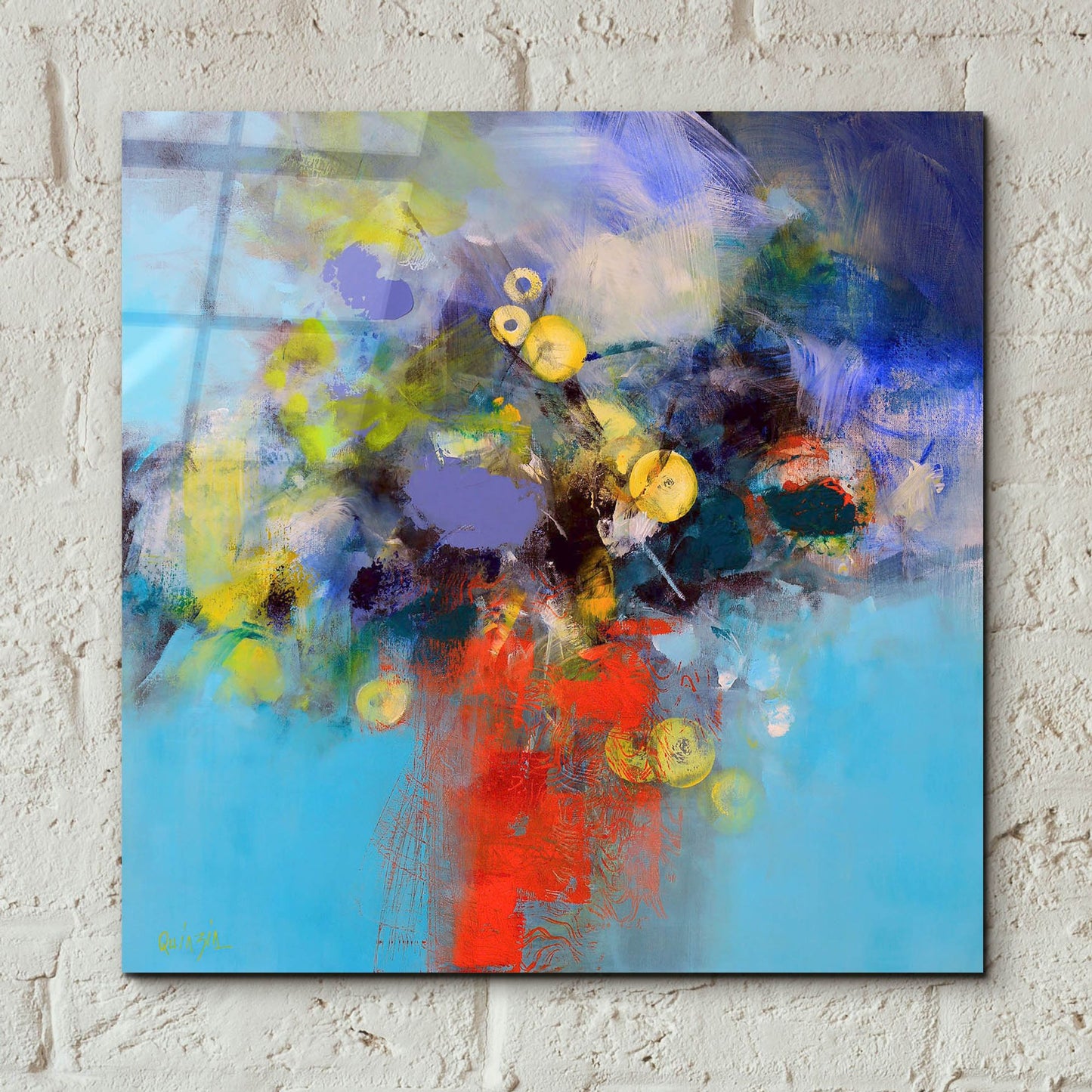 Epic Art ' Blue and Yellow Flowers' by Marianne Quinzin, Acrylic Glass Wall Art,12x12