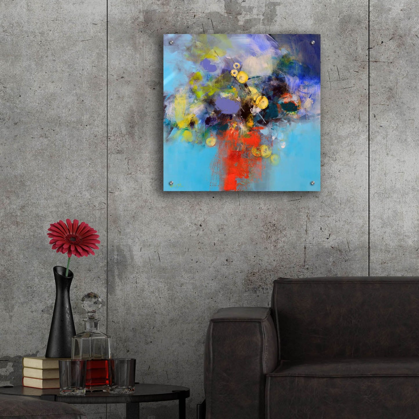 Epic Art ' Blue and Yellow Flowers' by Marianne Quinzin, Acrylic Glass Wall Art,24x24