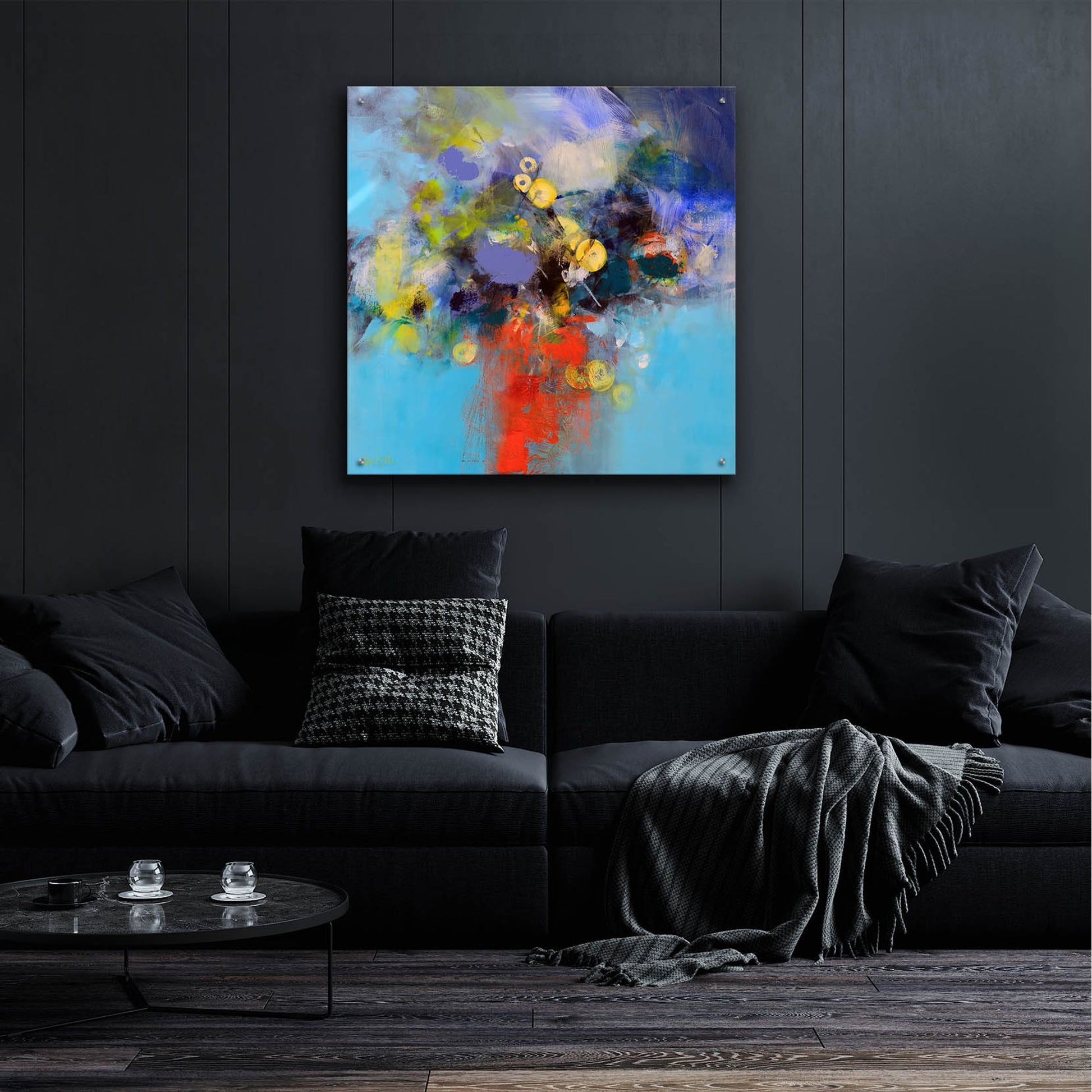 Epic Art ' Blue and Yellow Flowers' by Marianne Quinzin, Acrylic Glass Wall Art,36x36