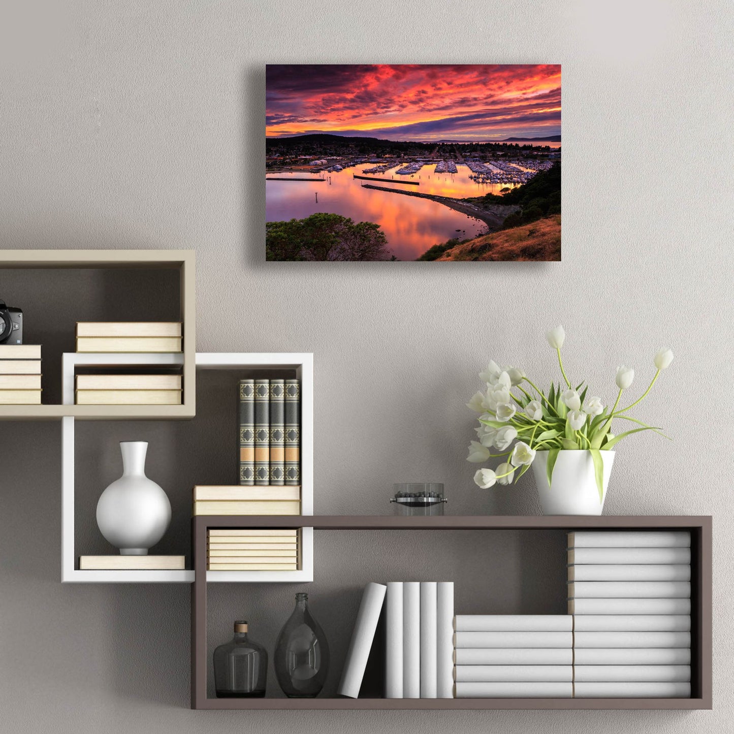 Epic Art ' Red Sunset Over Harbor' by Shawn/Corinne Severn, Acrylic Glass Wall Art,24x16