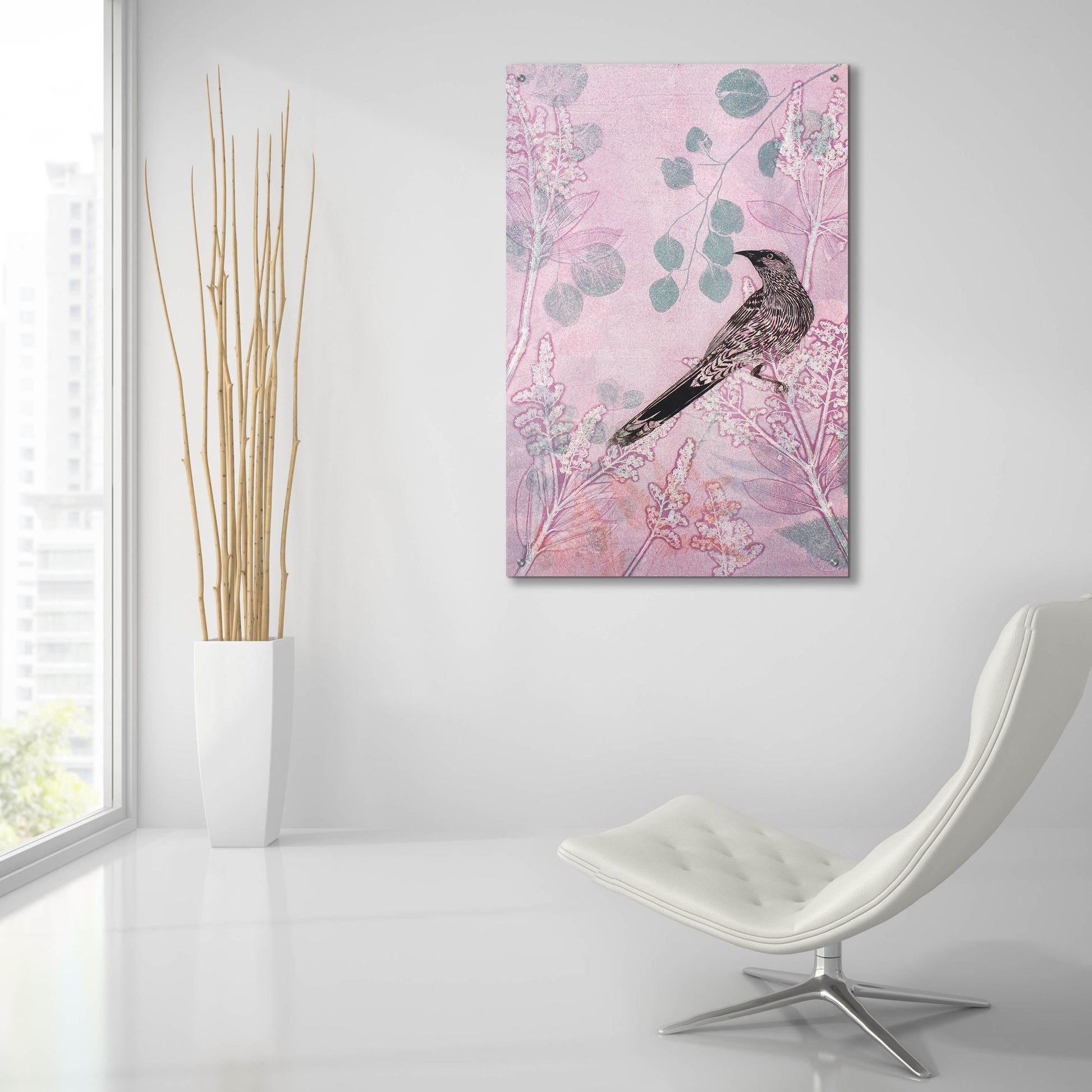 Epic Art ' Dusk Wattlebird in Pink' by Trudy Rice, Acrylic Glass Wall Art,24x36