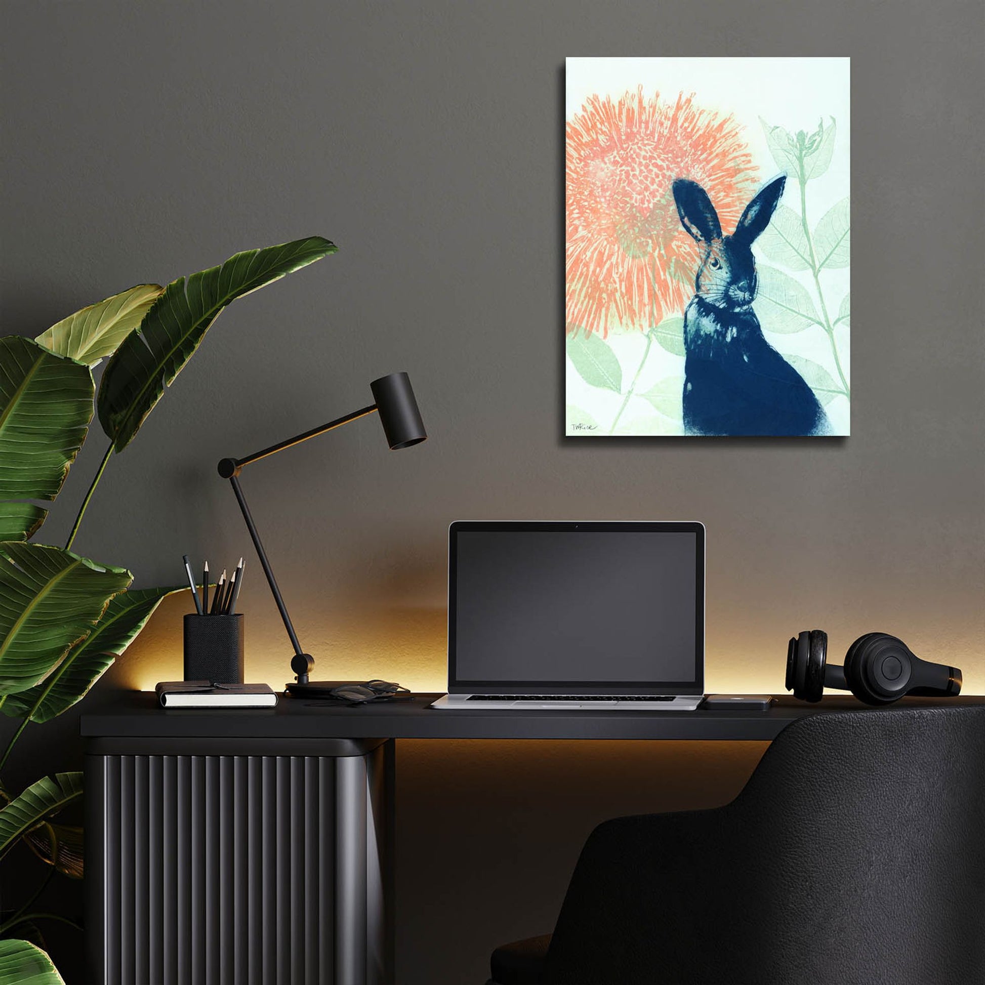 Epic Art ' Pink Waratah and Blue Rabbit' by Trudy Rice, Acrylic Glass Wall Art,12x16