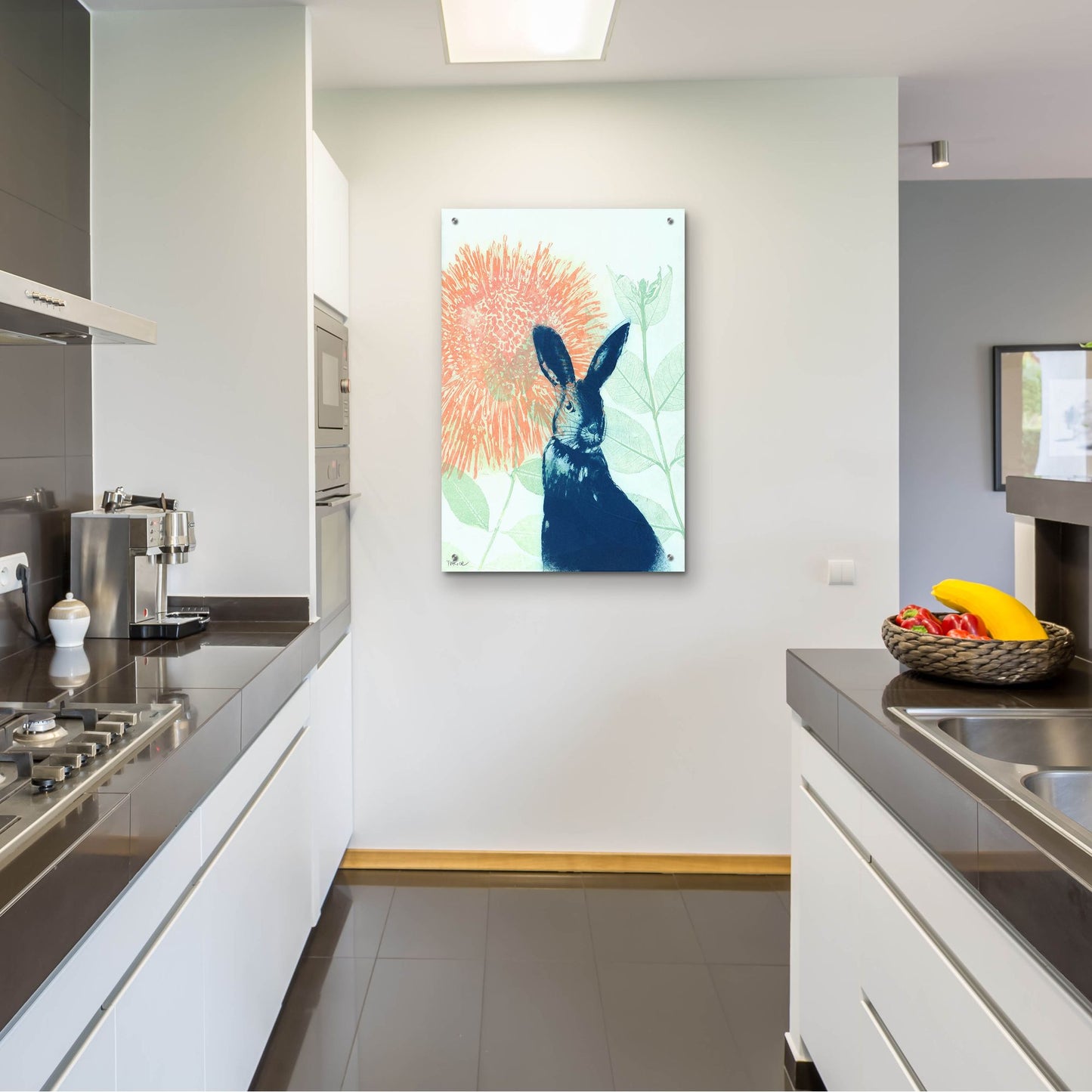 Epic Art ' Pink Waratah and Blue Rabbit' by Trudy Rice, Acrylic Glass Wall Art,24x36