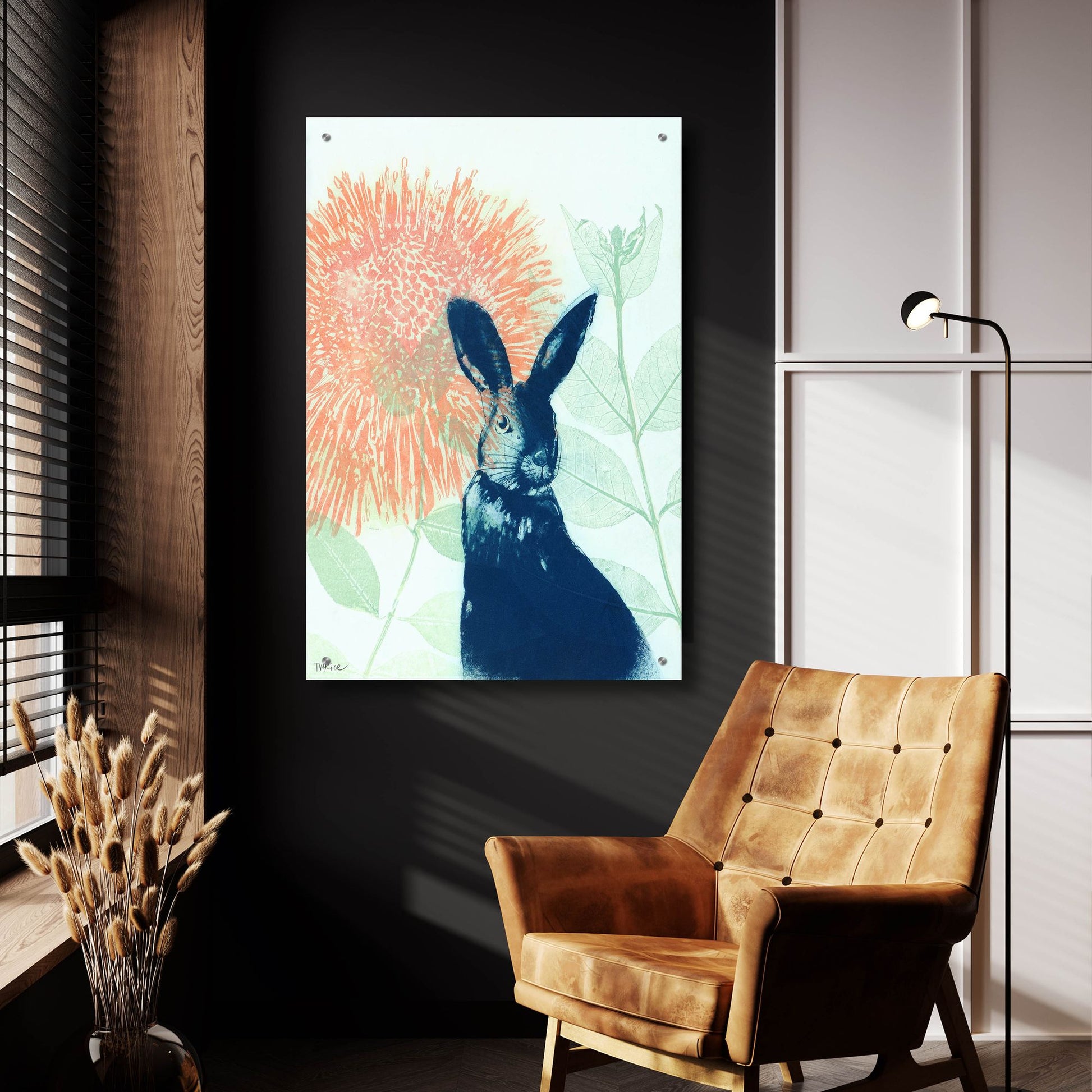 Epic Art ' Pink Waratah and Blue Rabbit' by Trudy Rice, Acrylic Glass Wall Art,24x36