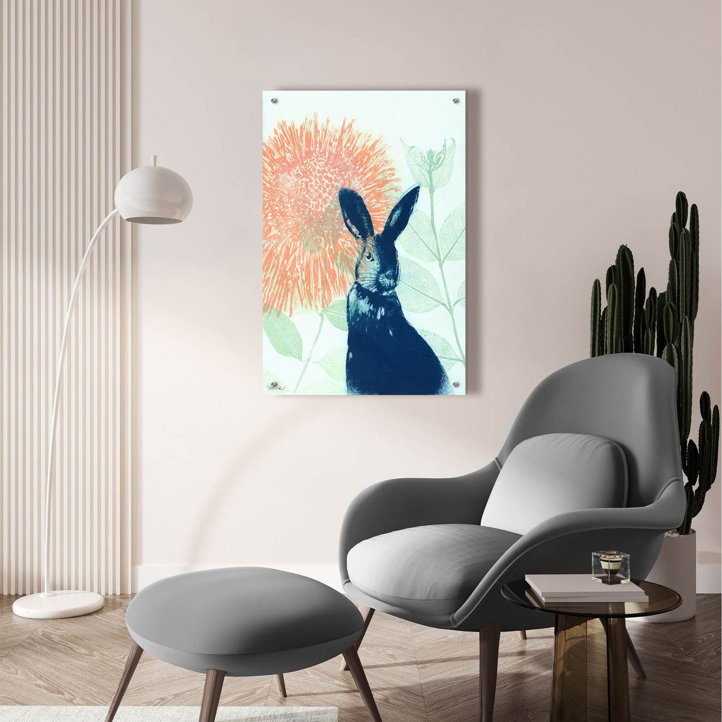 Epic Art ' Pink Waratah and Blue Rabbit' by Trudy Rice, Acrylic Glass Wall Art,24x36