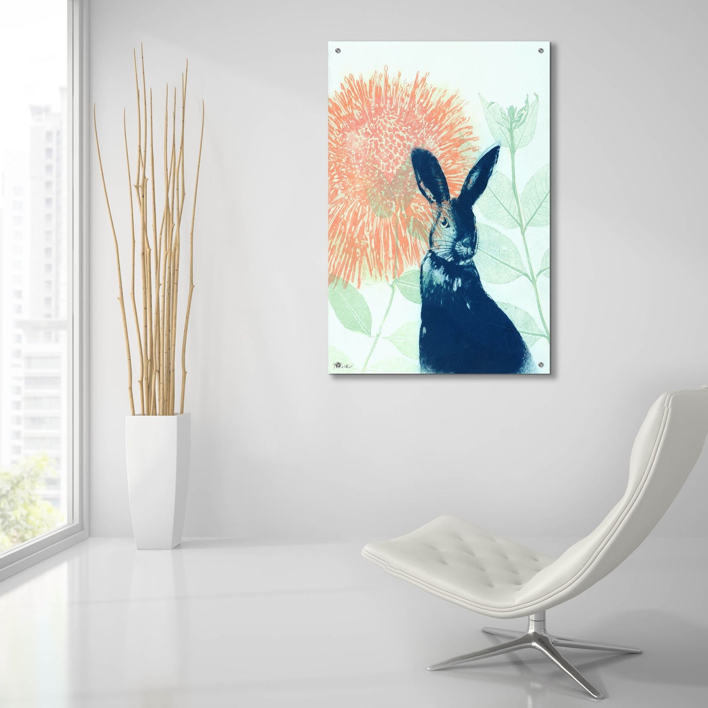 Epic Art ' Pink Waratah and Blue Rabbit' by Trudy Rice, Acrylic Glass Wall Art,24x36