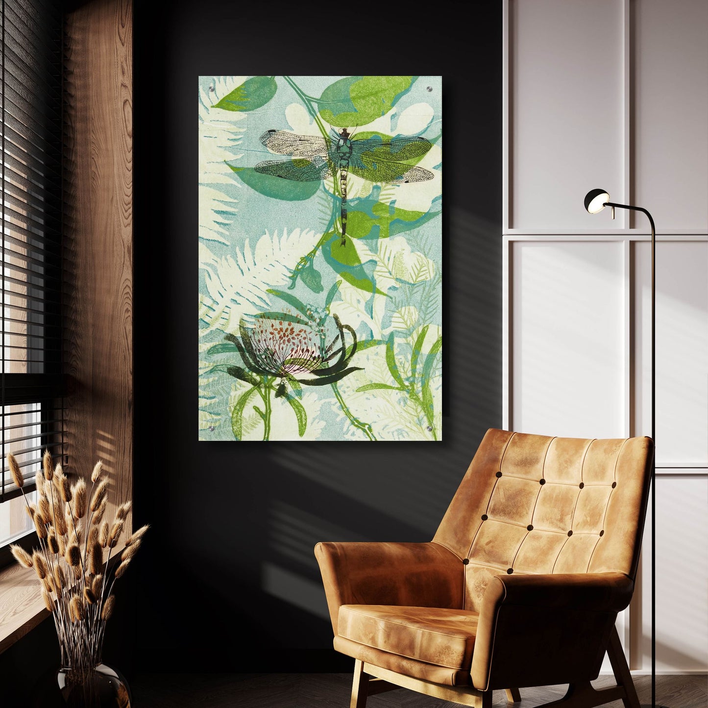 Epic Art ' The Elusive Dragonfly and Waratah' by Trudy Rice, Acrylic Glass Wall Art,24x36