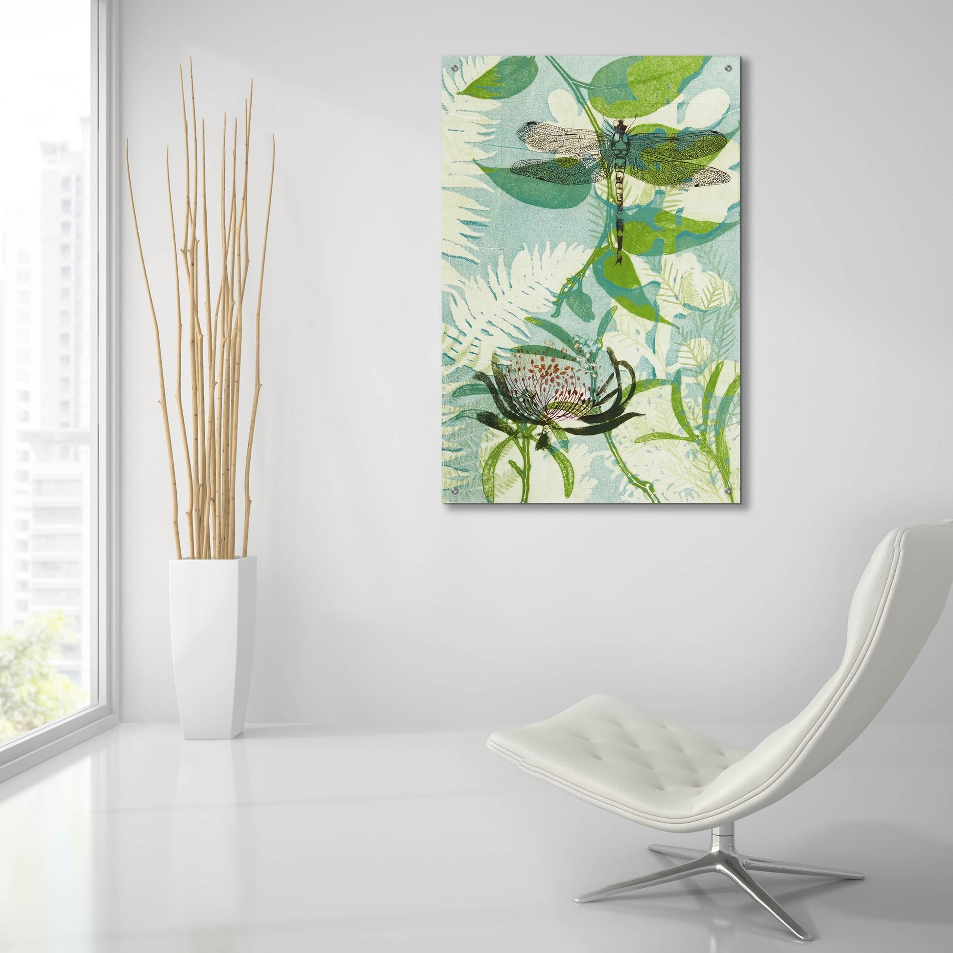 Epic Art ' The Elusive Dragonfly and Waratah' by Trudy Rice, Acrylic Glass Wall Art,24x36