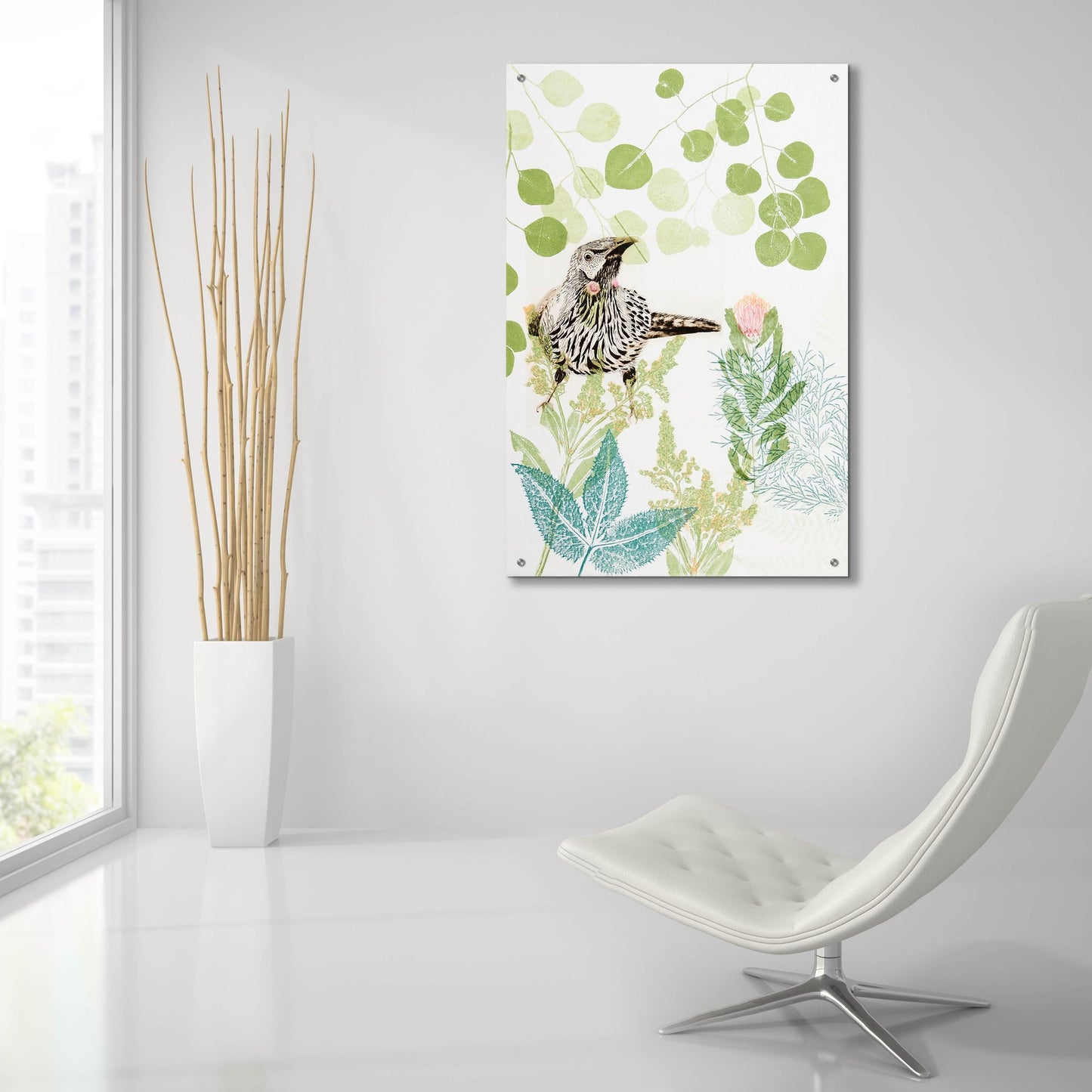 Epic Art ' Wattlebird and Pincushion Protea' by Trudy Rice, Acrylic Glass Wall Art,24x36