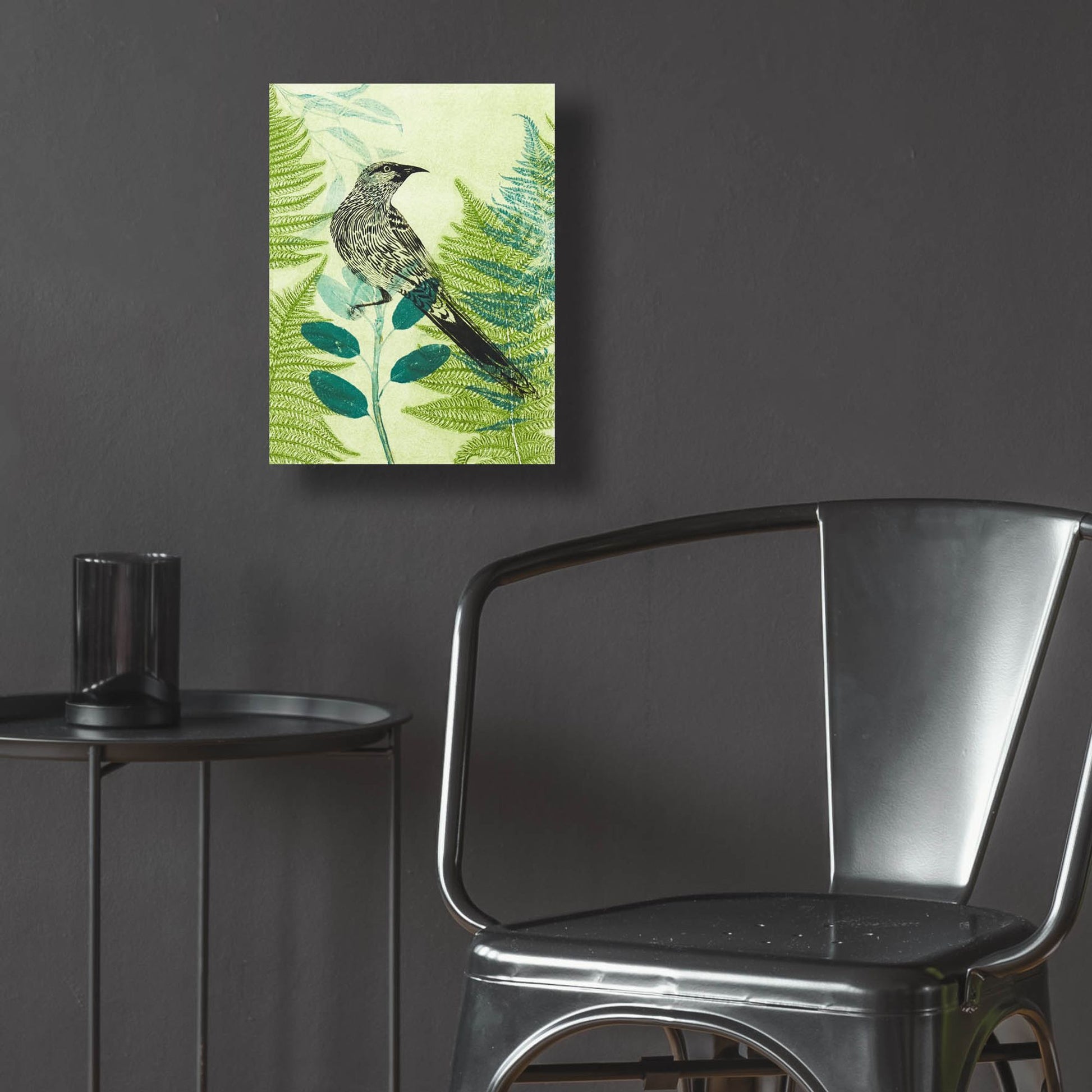 Epic Art ' Wattlebird Hiding in the Fernery' by Trudy Rice, Acrylic Glass Wall Art,12x16