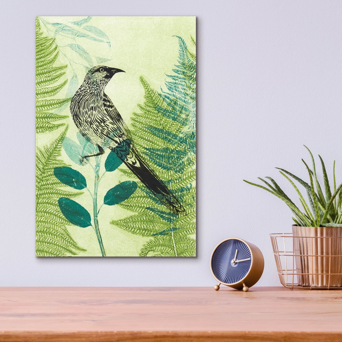 Epic Art ' Wattlebird Hiding in the Fernery' by Trudy Rice, Acrylic Glass Wall Art,12x16