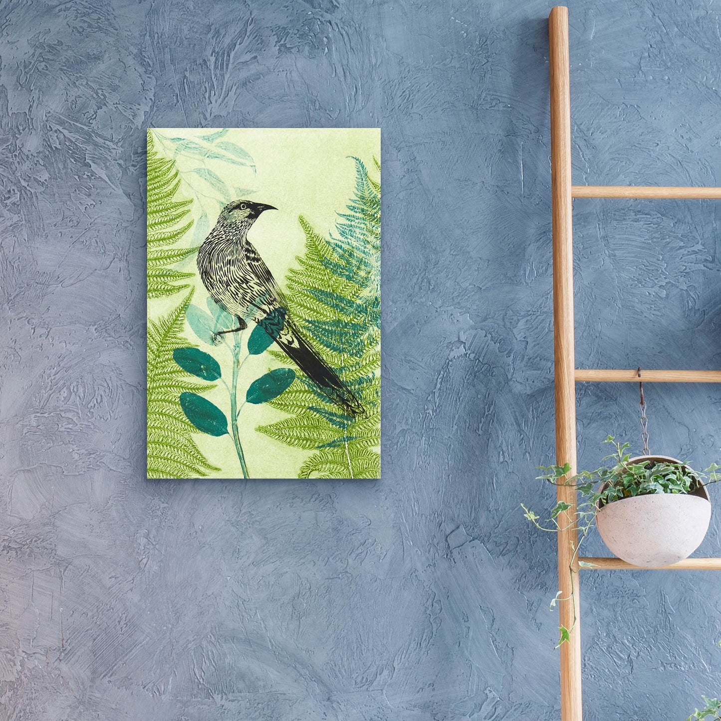 Epic Art ' Wattlebird Hiding in the Fernery' by Trudy Rice, Acrylic Glass Wall Art,16x24