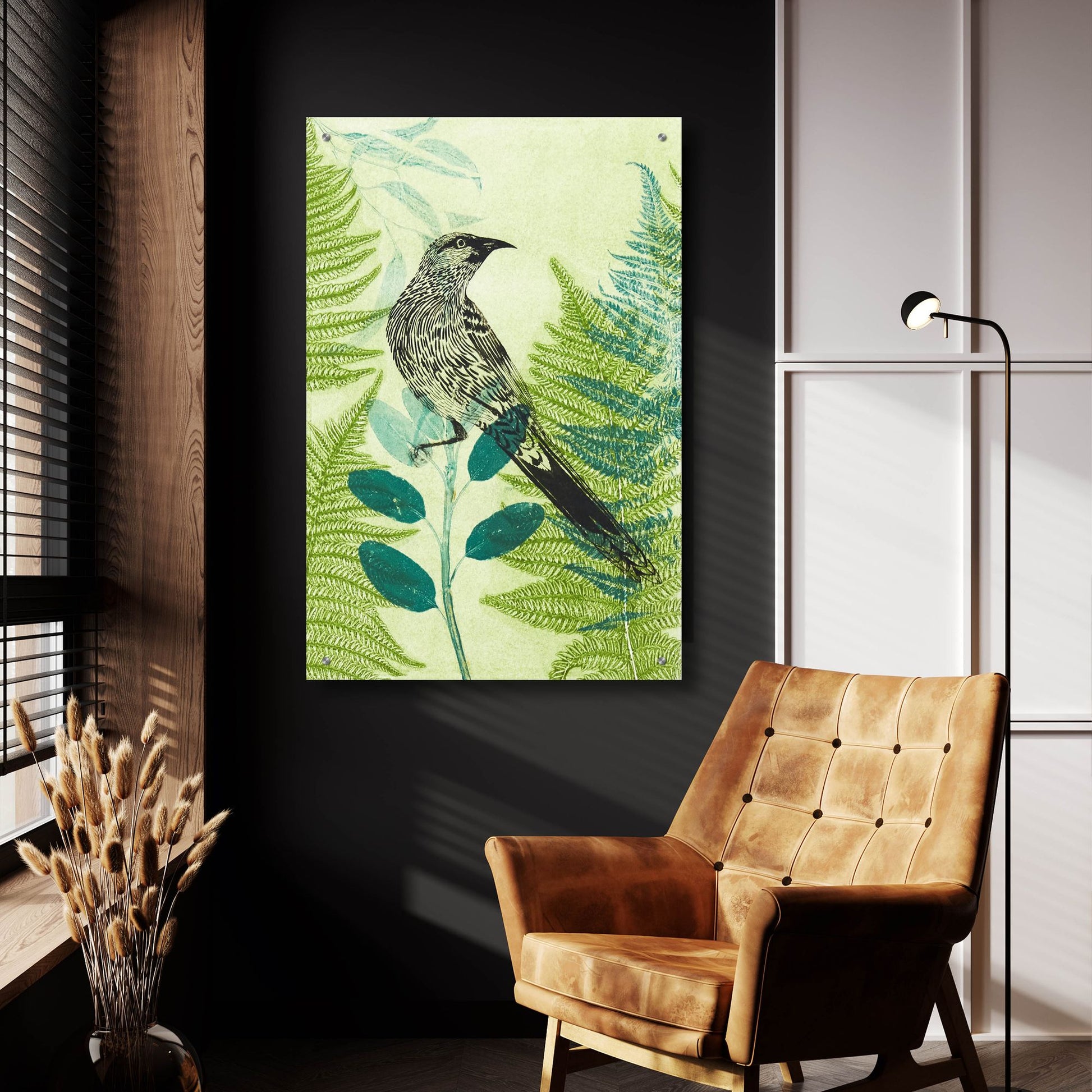 Epic Art ' Wattlebird Hiding in the Fernery' by Trudy Rice, Acrylic Glass Wall Art,24x36