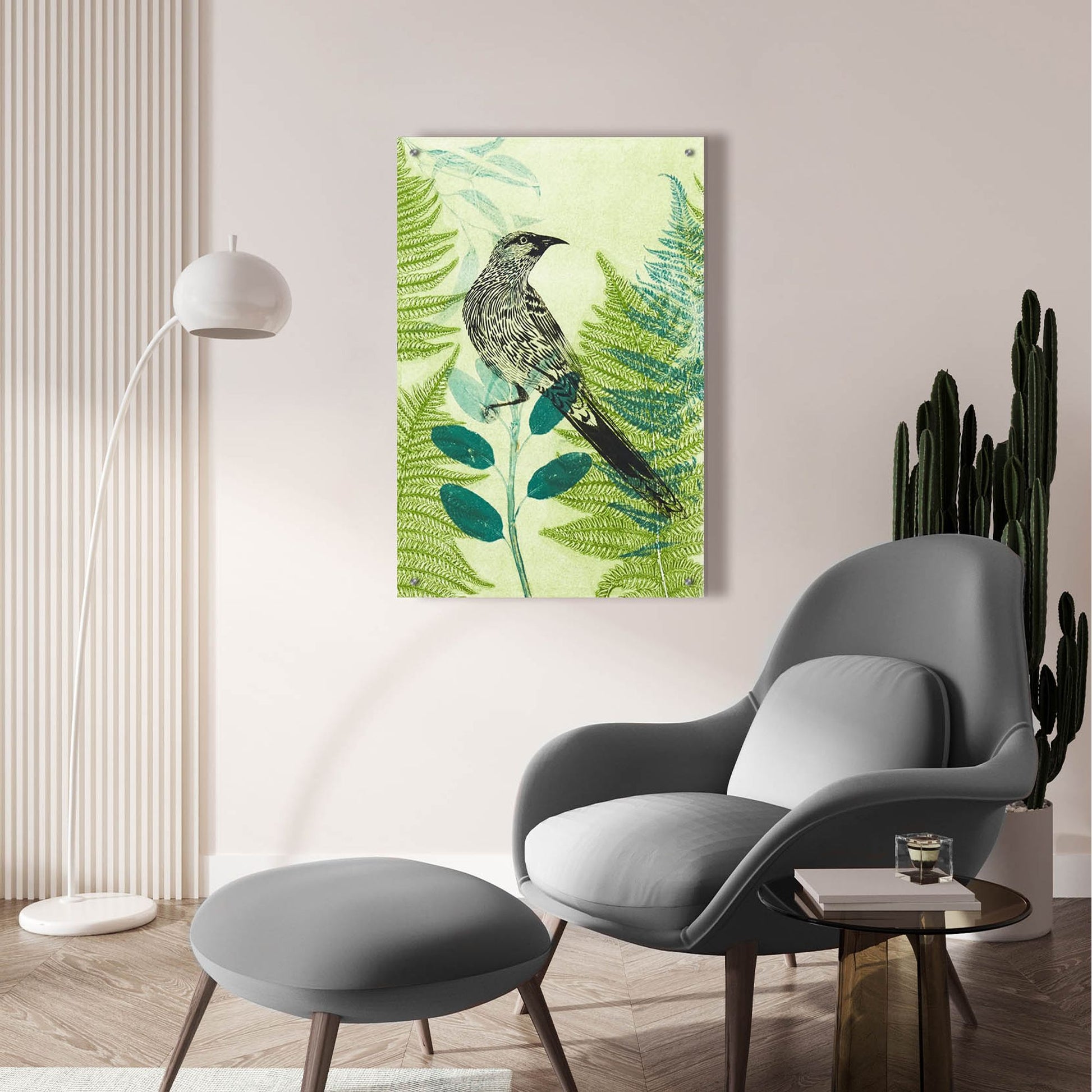 Epic Art ' Wattlebird Hiding in the Fernery' by Trudy Rice, Acrylic Glass Wall Art,24x36