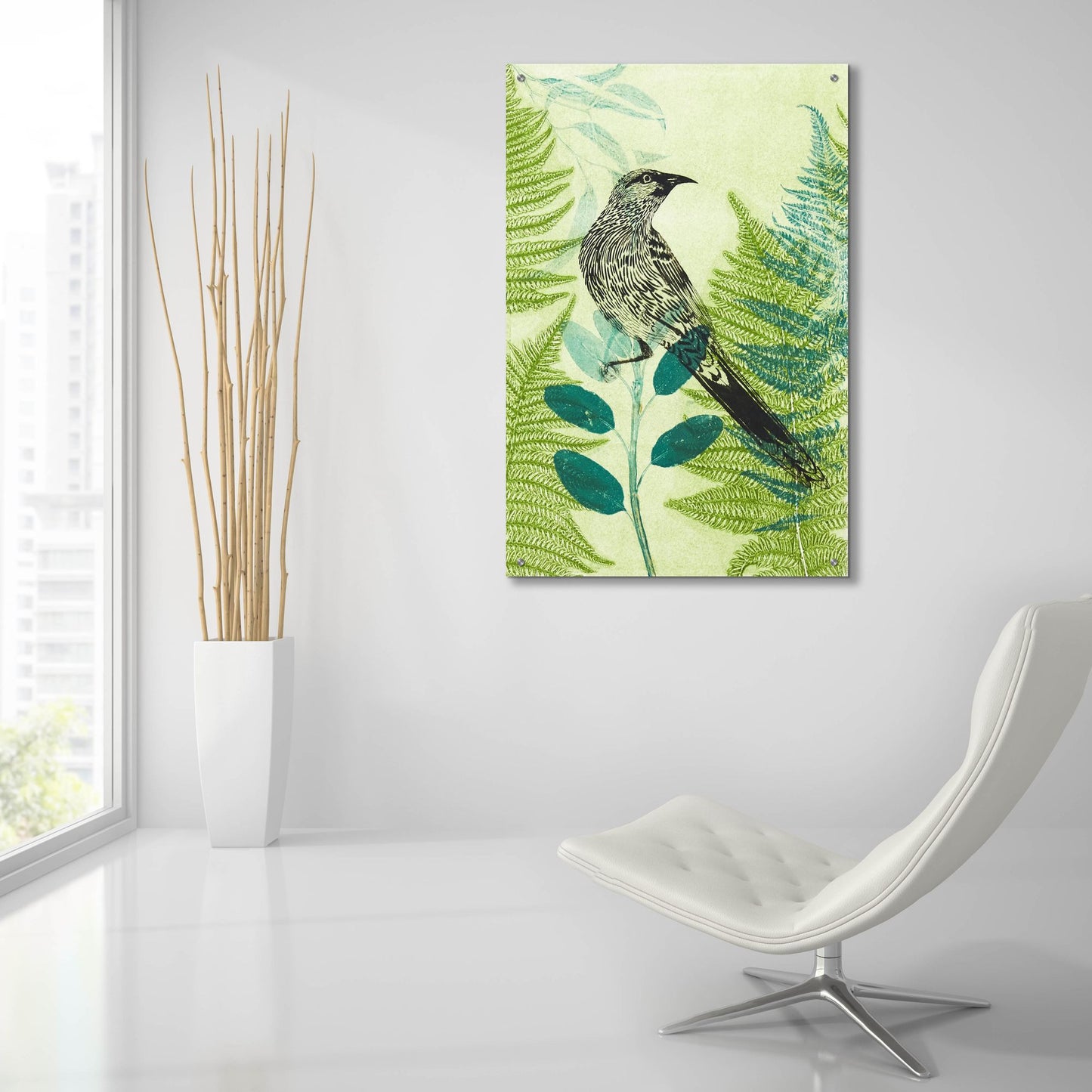 Epic Art ' Wattlebird Hiding in the Fernery' by Trudy Rice, Acrylic Glass Wall Art,24x36