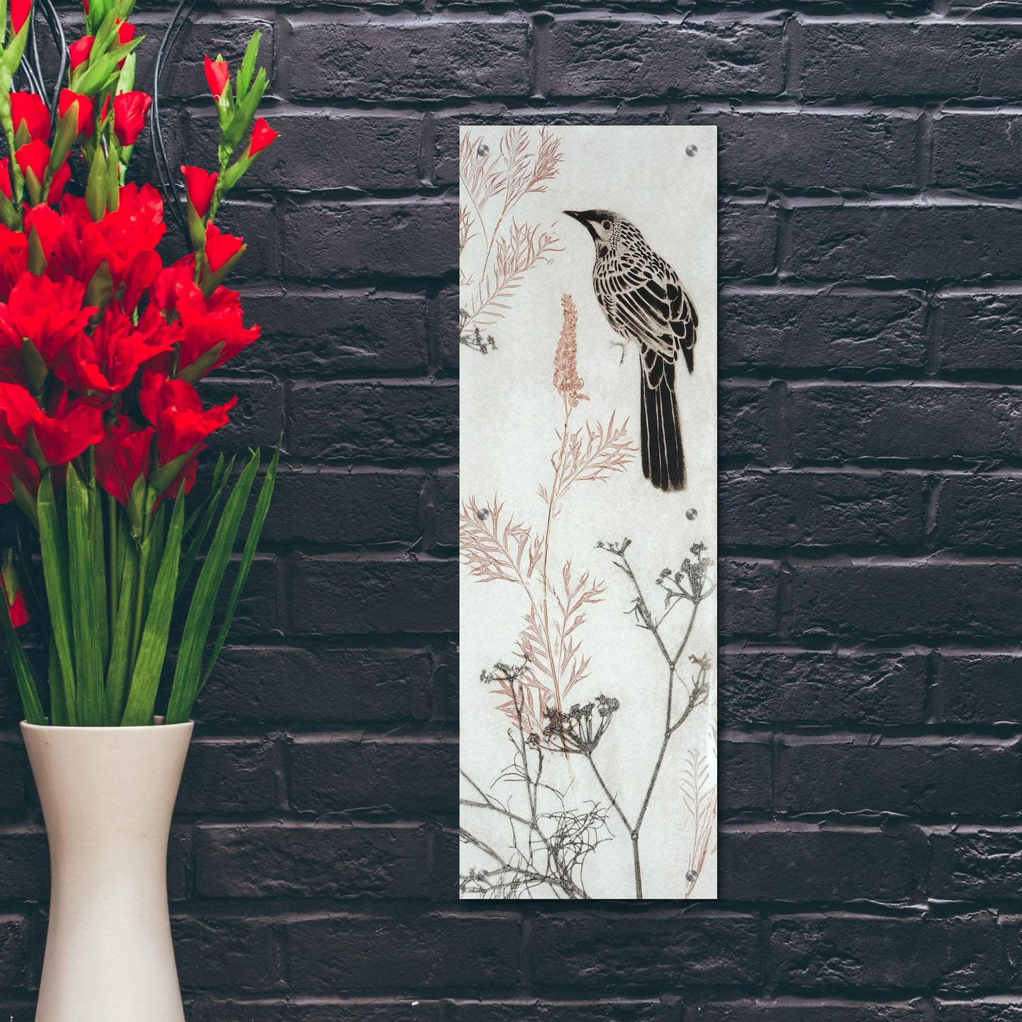 Epic Art ' Wattlebird Hovering In My Garden' by Trudy Rice, Acrylic Glass Wall Art,12x36