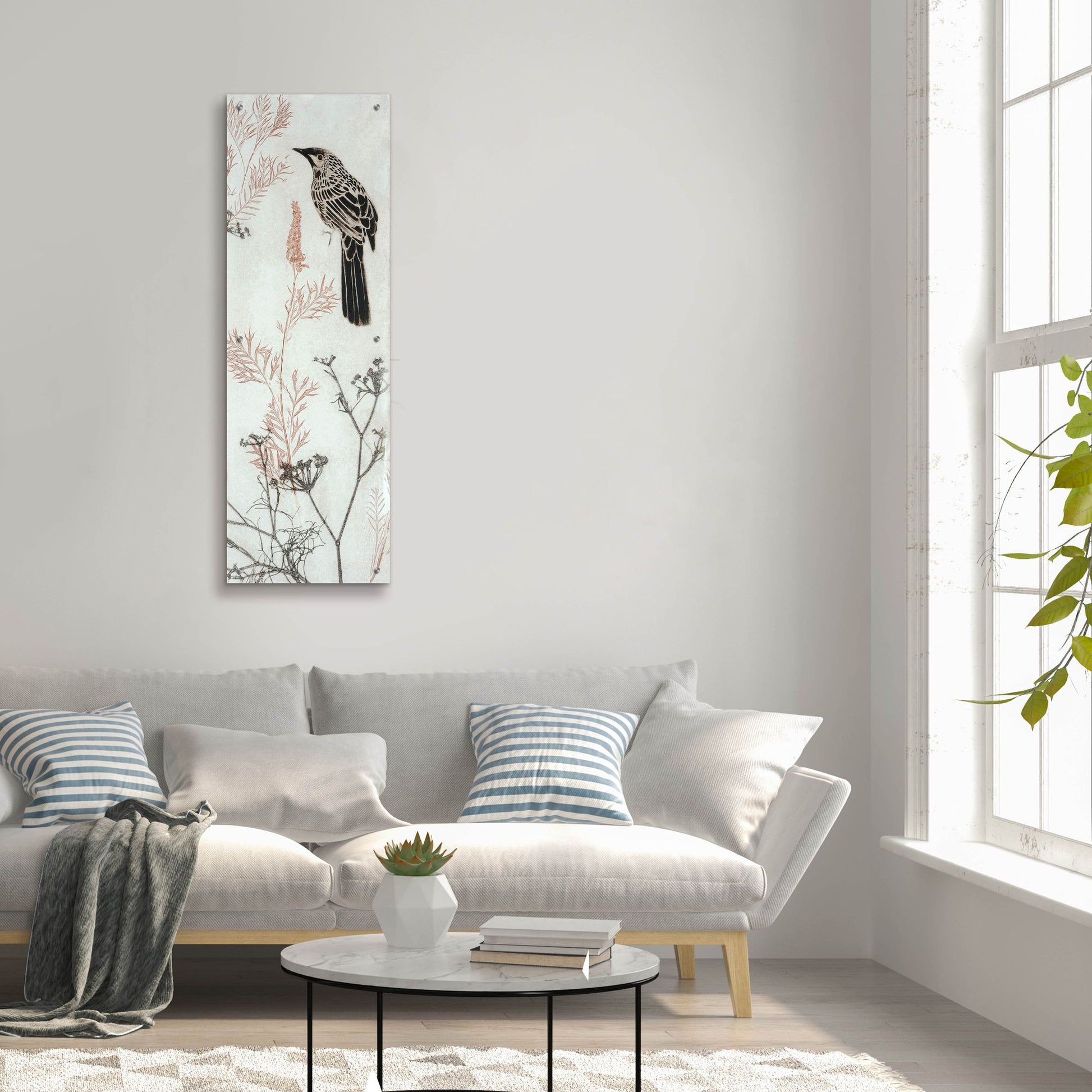 Epic Art ' Wattlebird Hovering In My Garden' by Trudy Rice, Acrylic Glass Wall Art,16x48