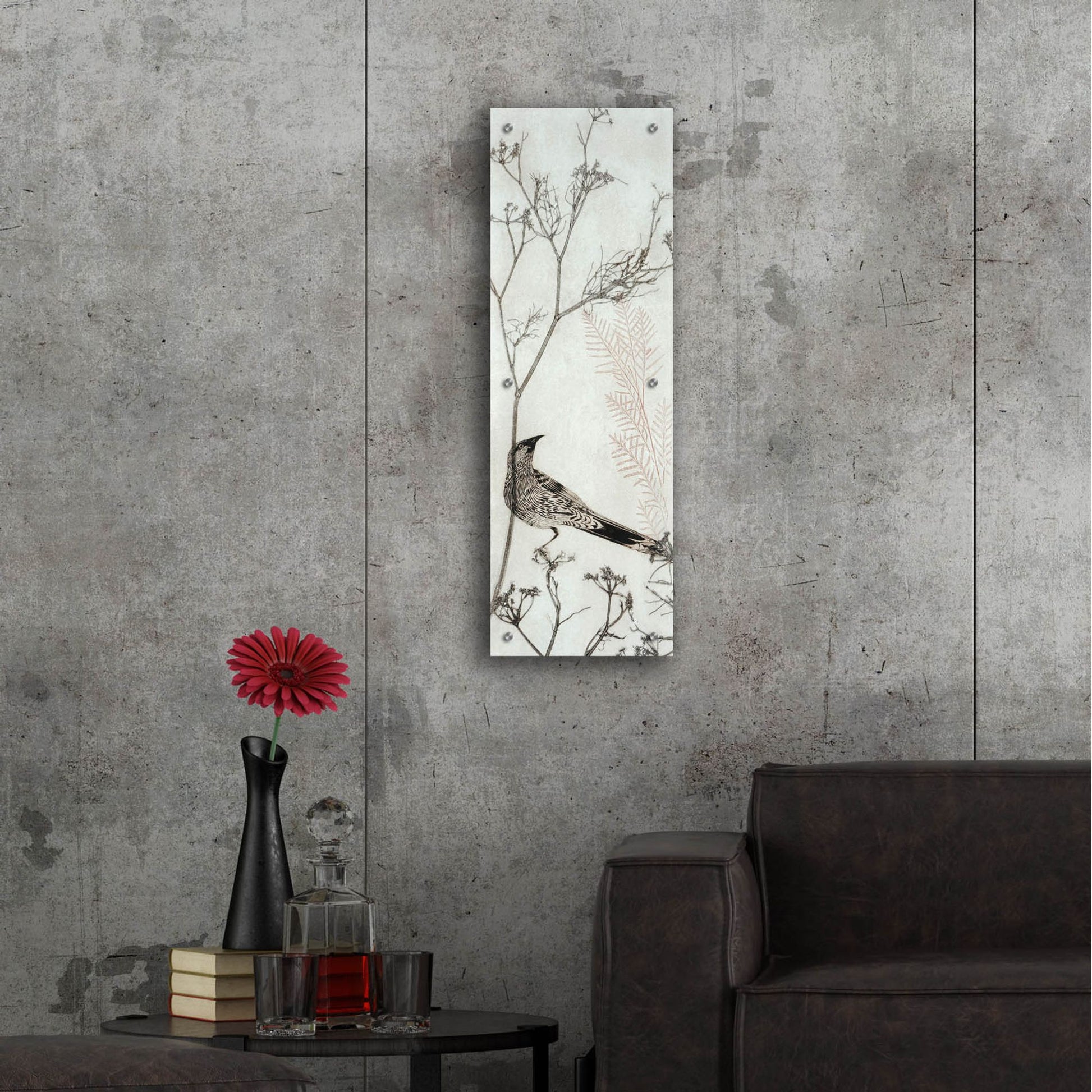 Epic Art ' Wattlebird Resting on a Branch' by Trudy Rice, Acrylic Glass Wall Art,12x36