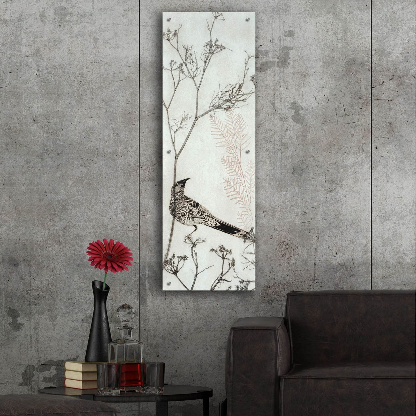 Epic Art ' Wattlebird Resting on a Branch' by Trudy Rice, Acrylic Glass Wall Art,16x48