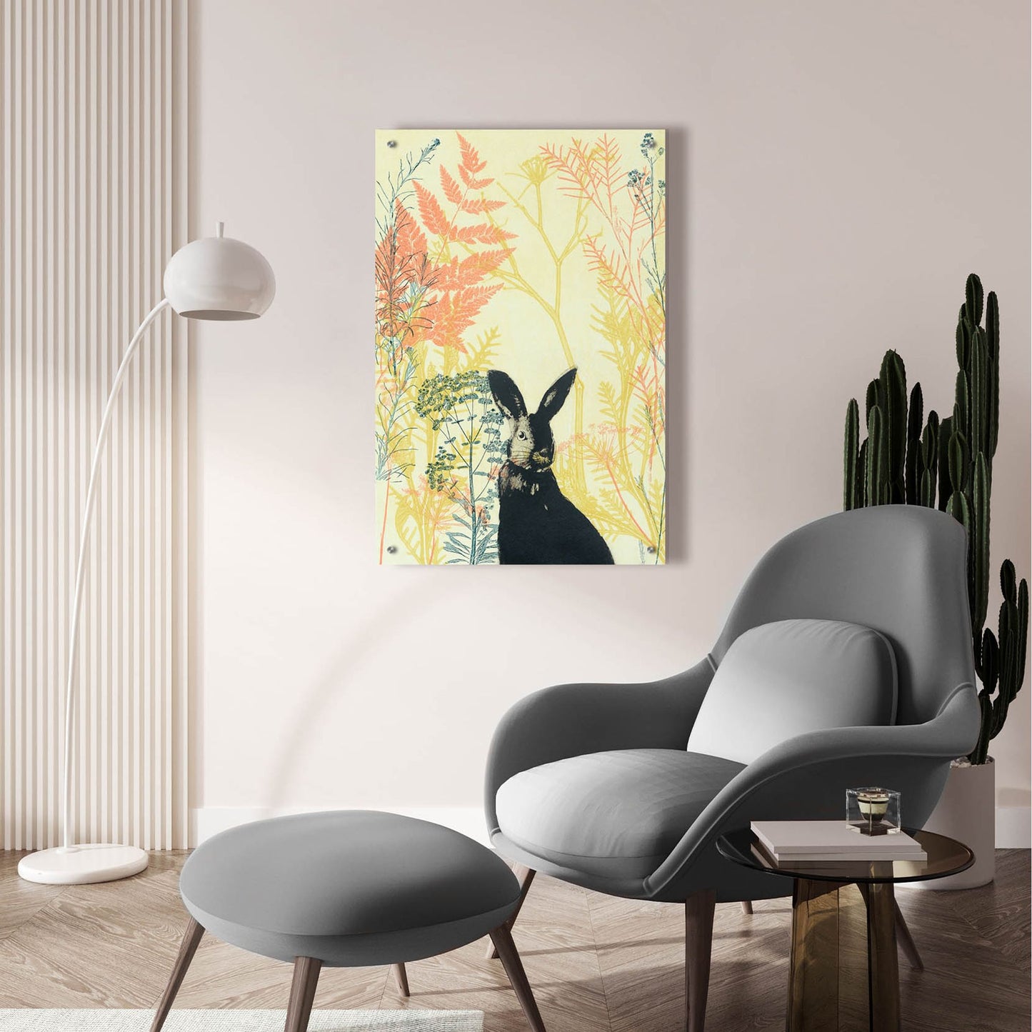 Epic Art ' Wild Bunny in a Shiny Coral Garden' by Trudy Rice, Acrylic Glass Wall Art,24x36