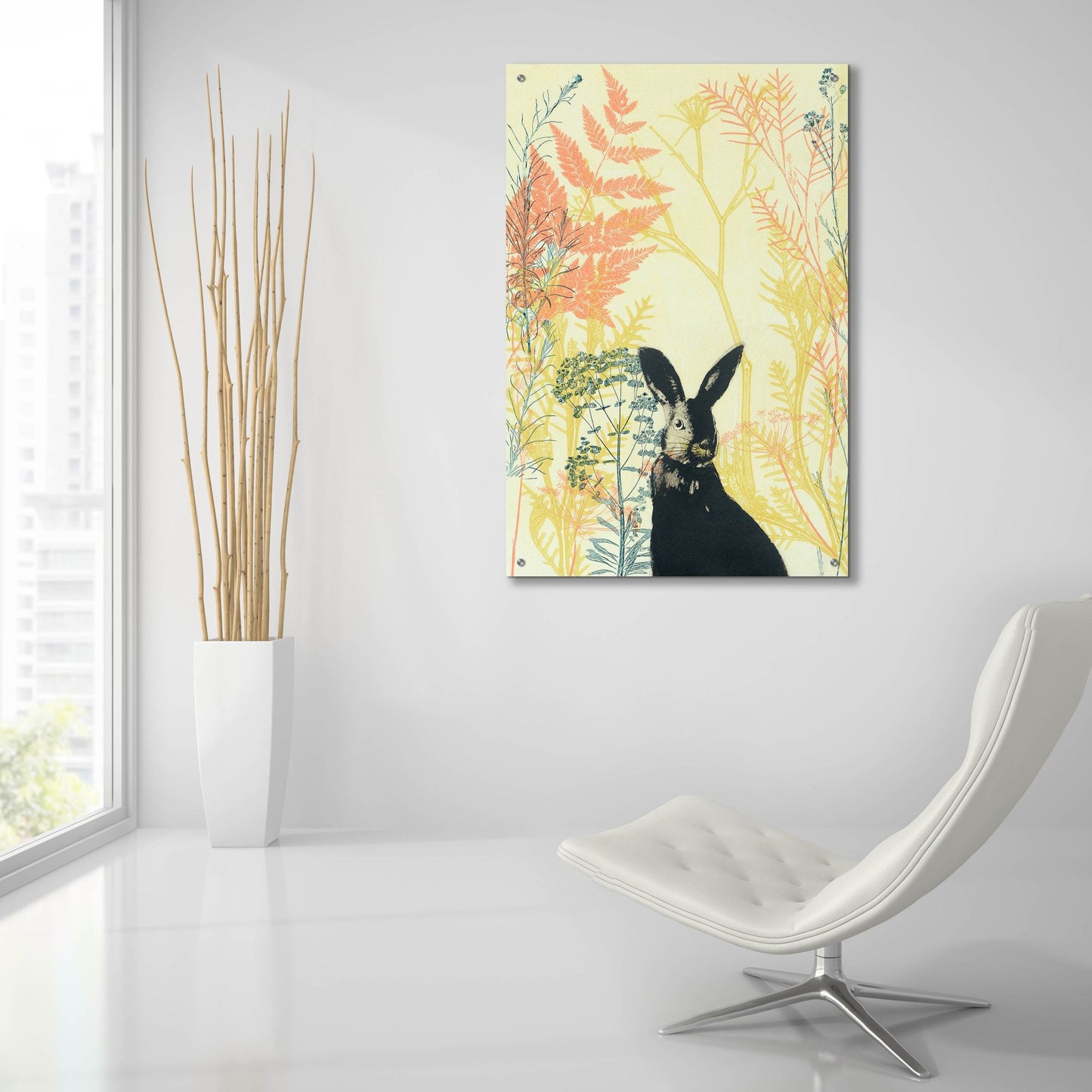 Epic Art ' Wild Bunny in a Shiny Coral Garden' by Trudy Rice, Acrylic Glass Wall Art,24x36