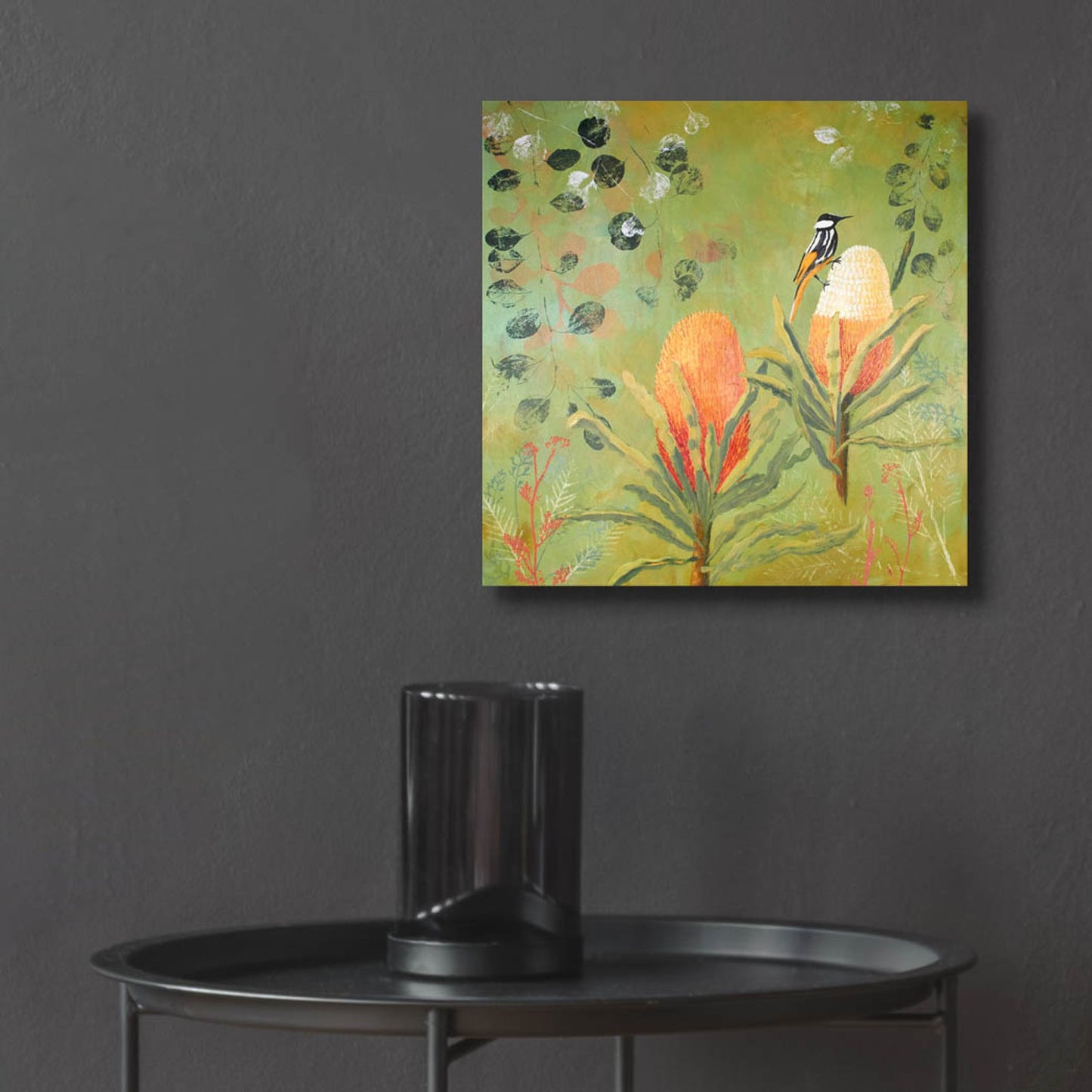 Epic Art ' New Holland Honeyeater upon the Victoria' by Trudy Rice, Acrylic Glass Wall Art,12x12